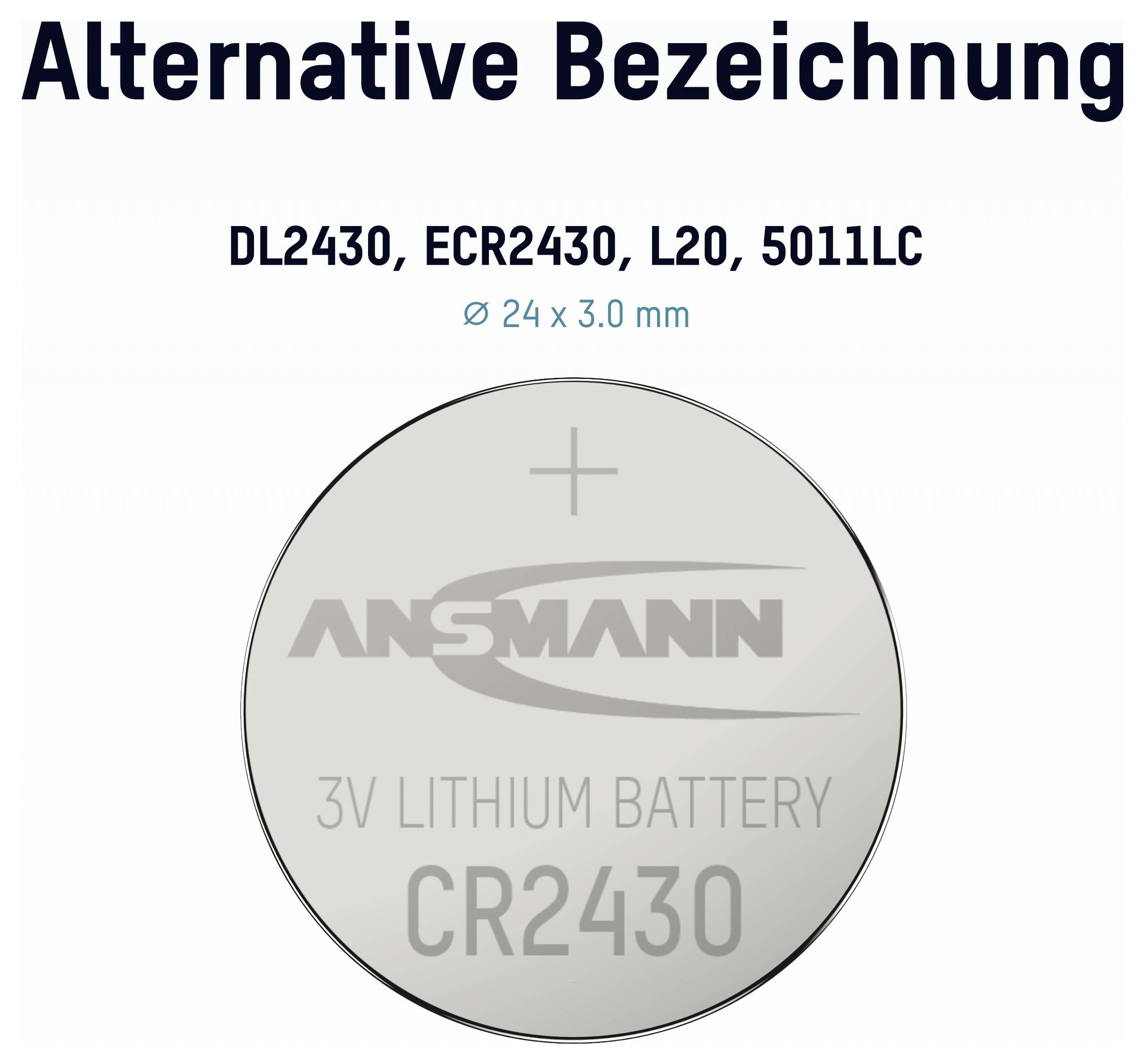 Schéma knoflíkové baterie CR2430 označené 'Alternativní označení' s ekvivalenty DL2430, ECR2430, L20, 5011LC a velikostí Ø 24 x 3,0 mm.