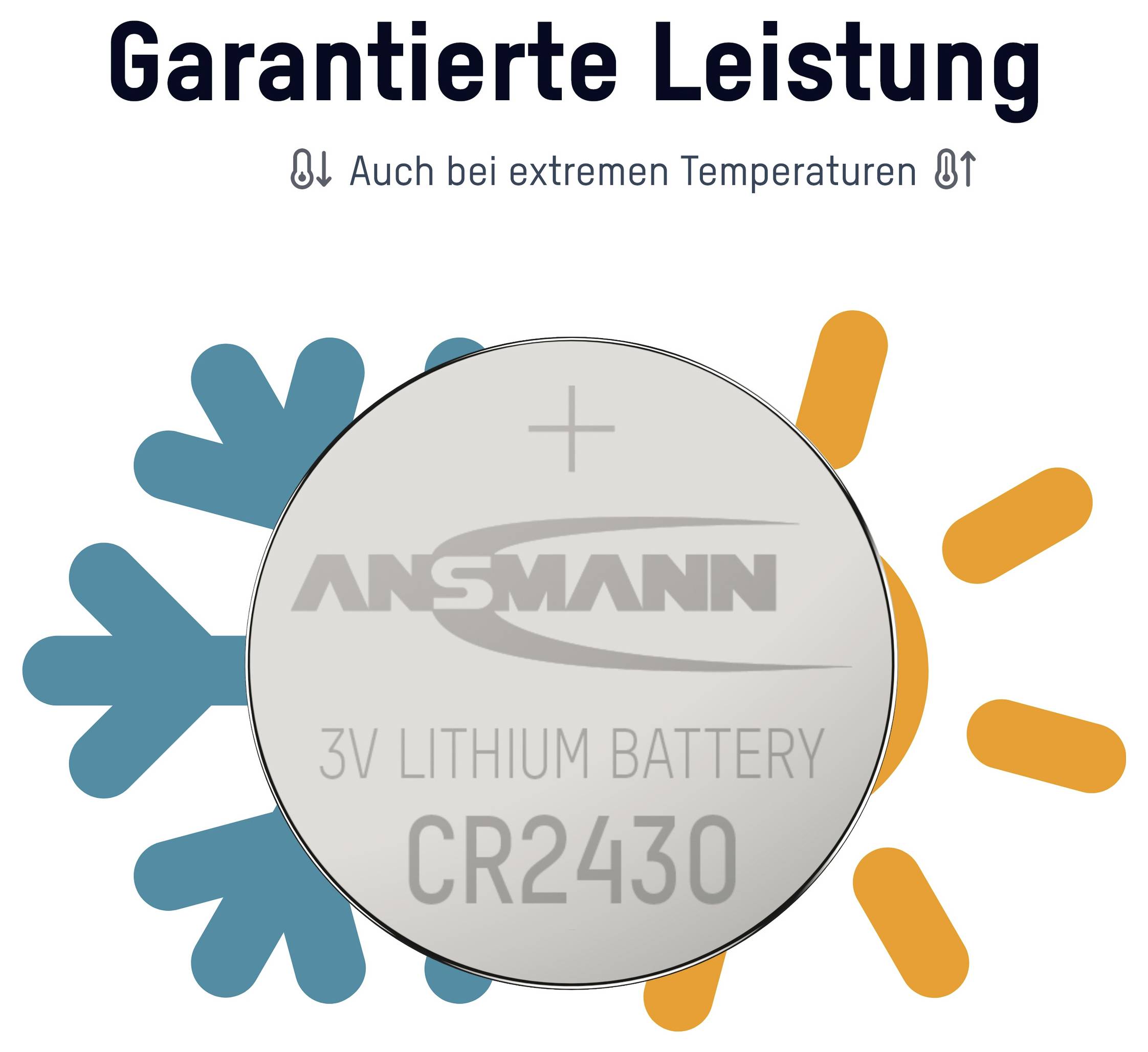Baterie ANSMANN CR2430 3V lithium s garantovaným výkonem v extrémních teplotách, znázorněna mezi ikonami chladu a tepla.