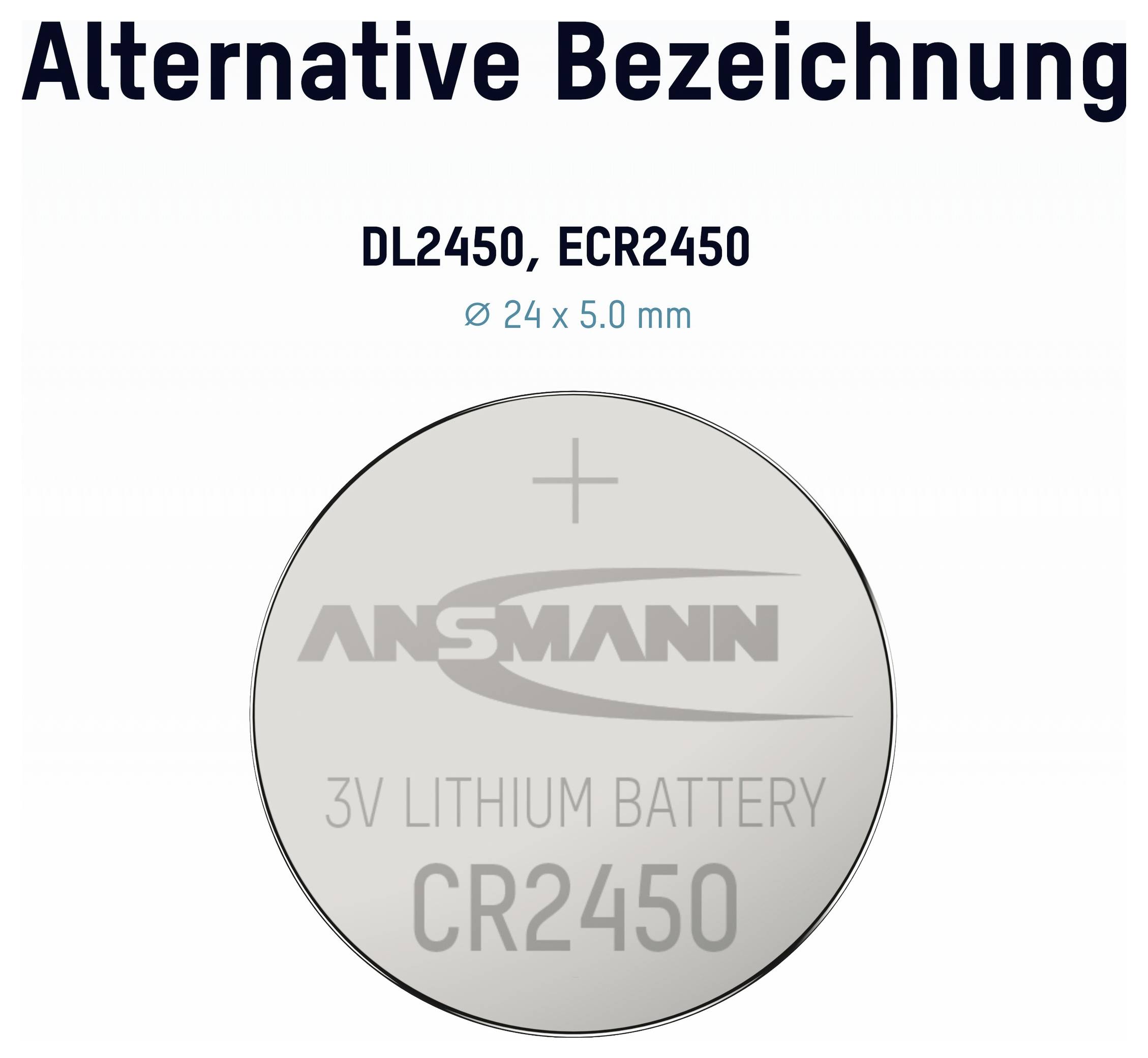 Diagram lithiové knoflíkové baterie CR2450 označené jako 'DL2450, ECR2450', 'Ø 24 x 5,0 mm' a '3V LITHIOVÁ BATERIE CR2450'.