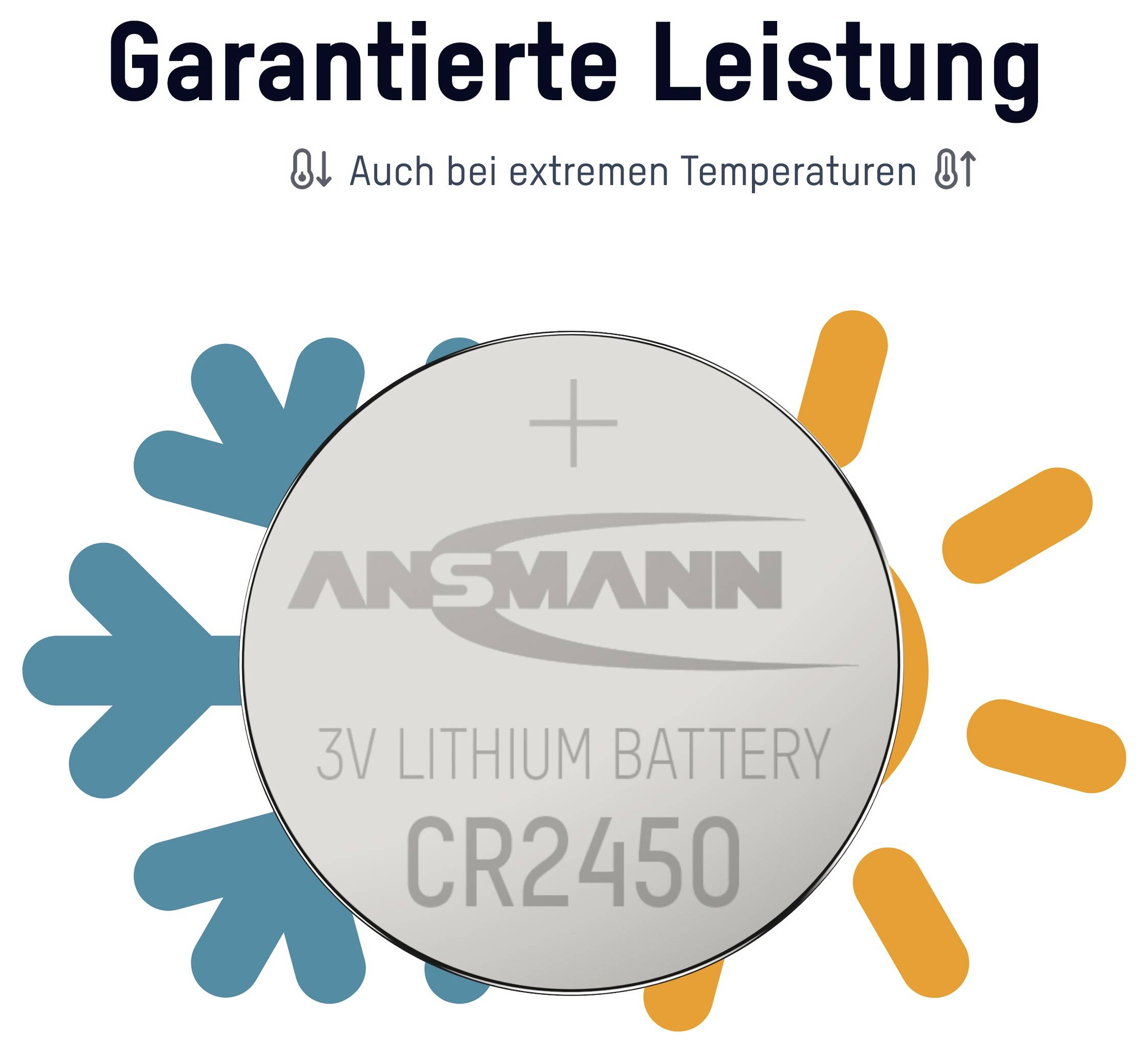 Baterie lithium Ansmann CR2450 3V označená "Garantovaný výkon" a "Také při extrémních teplotách," zobrazená s ikonami chladu a tepla indikujícími spolehlivý výkon při extrémních teplotách.