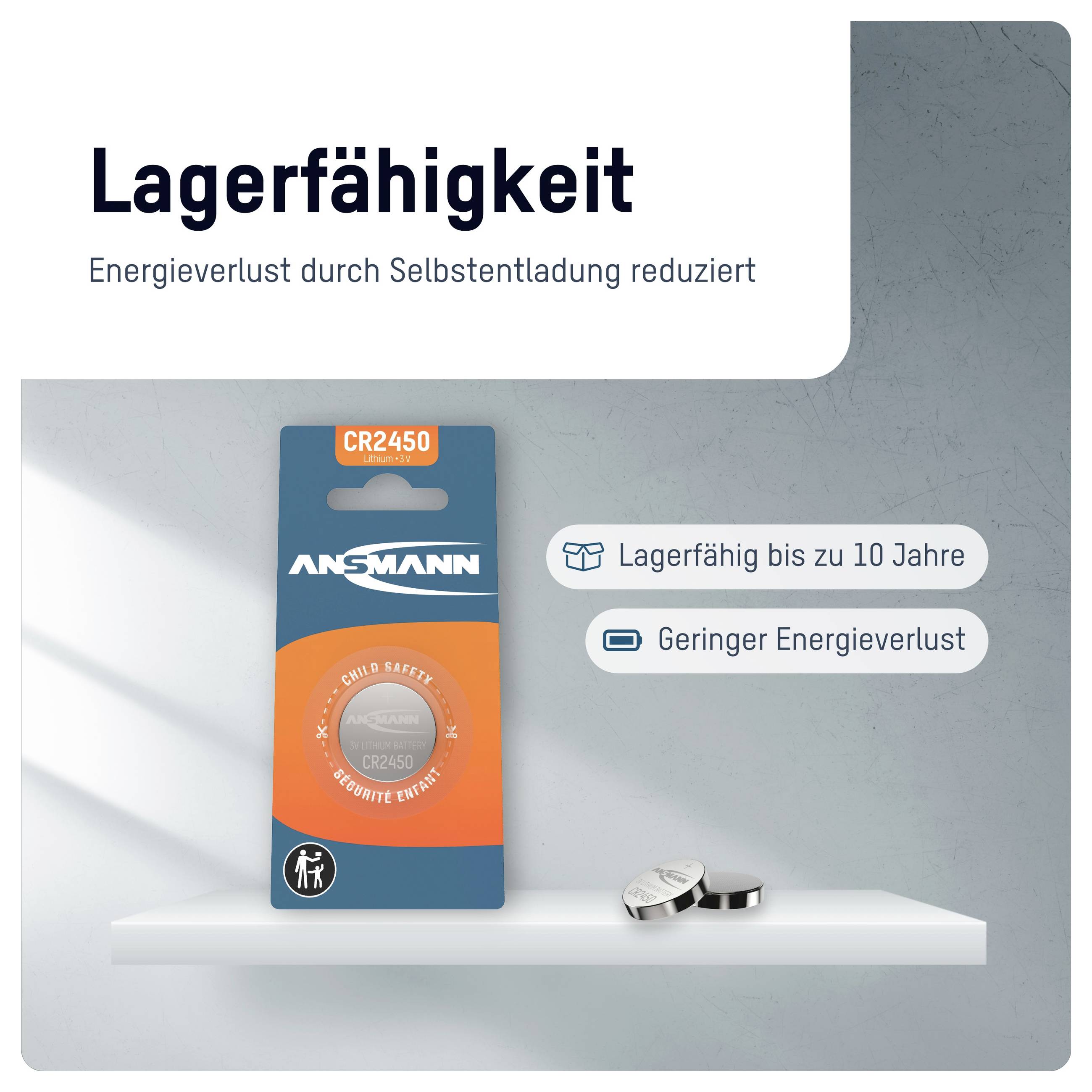 ANSMANN baterie CR2450 s německým textem „Lagerfähigkeit" (skladovatelnost) a popisky uvádějící dobu skladování až 10 let a nízkou ztrátu energie.