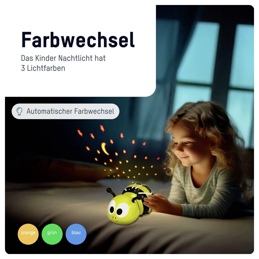 Dítě používající noční svítidlo ve tvaru včely s automatickou změnou barvy; německý text říká, že má 3 barvy světla: oranžová, zelená, modrá.