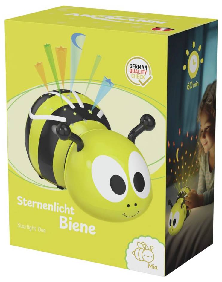 Obal pro hračku nočního světla 'Sternenlicht Biene' Starlight Bee, zobrazující usměvavou projektor ve tvaru včely a ikonu životnosti baterie '60 min'.