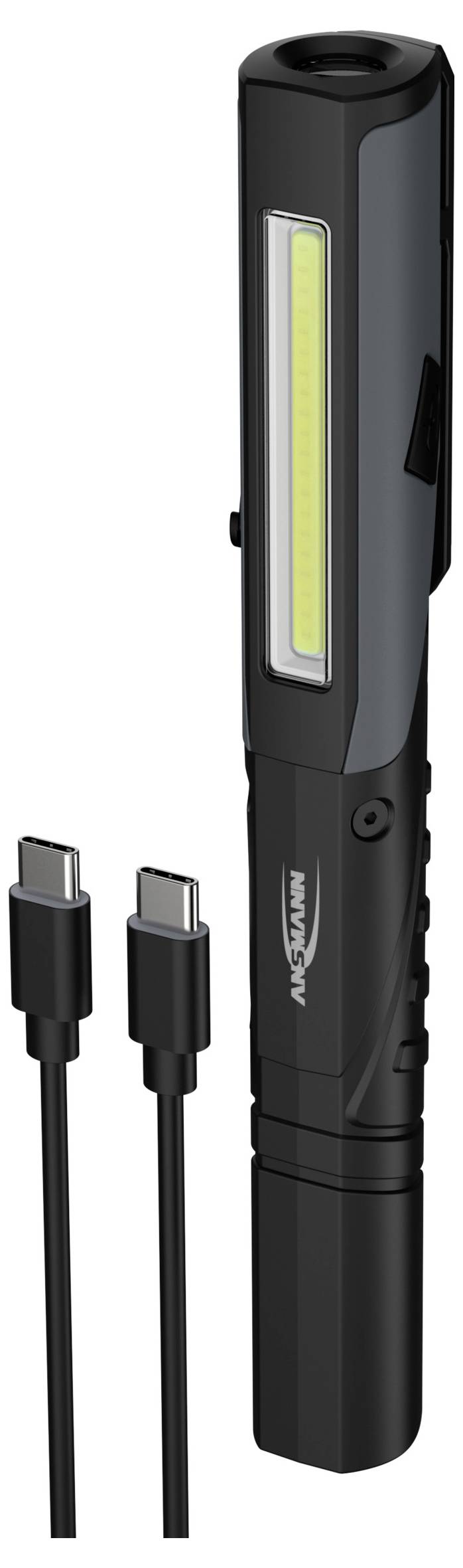 Černá nabíjecí inspekční svítilna s postranním LED panelem a vestavěnou USB-C zásuvkou, zobrazena se dvěma nabíjecími kabely.