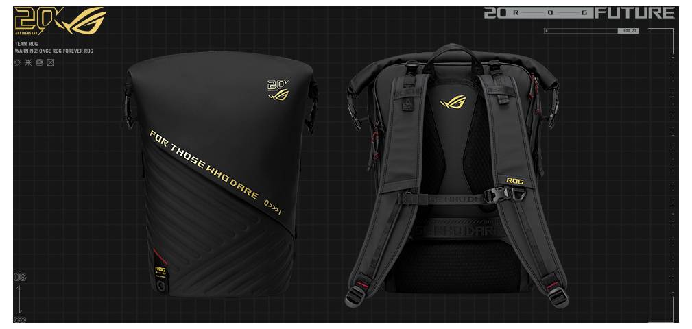 Propagační obrázek černého ROG batohu zobrazený zepředu i zezadu, se zlatým logem ROG a textem "FOR THOSE WHO DARE", zdůrazňující jeho design a pásy.