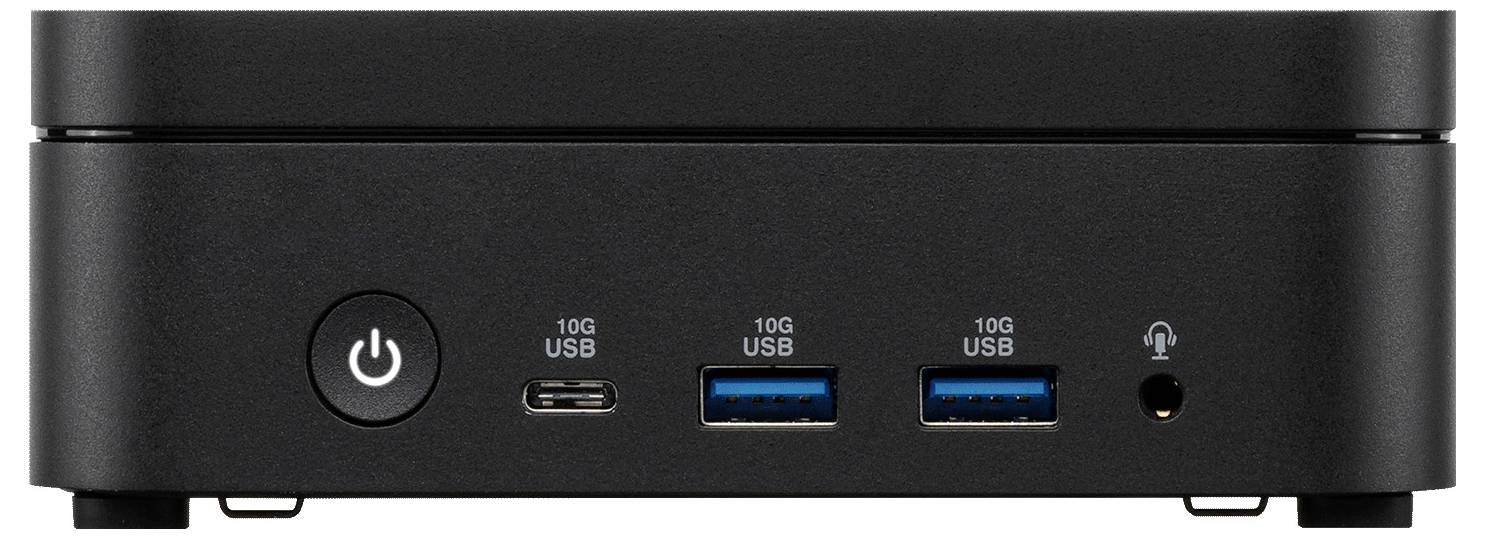 Přední pohled na černý stolní počítač s tlačítkem napájení, jedním portem USB-C, dvěma porty USB-A a sluchátkovým jackem na přední panelu