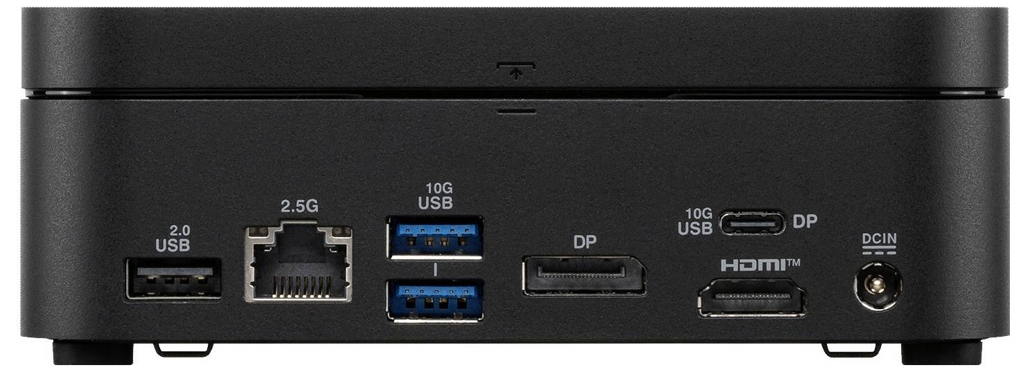Zadní pohled na černý mini PC zobrazující porty: USB 2.0, 2,5G Ethernet, dva porty 10G USB, DisplayPort, 10G USB-C, HDMI a DC vstup.