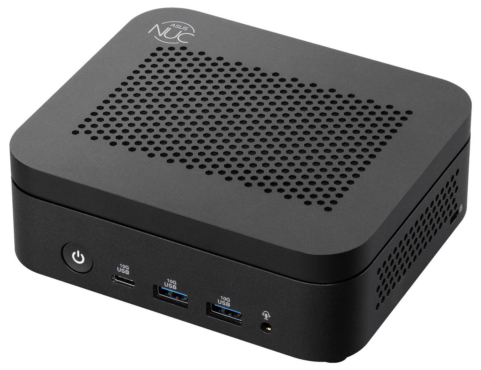 Kompaktní černý ASUS NUC mini PC s děrovaným vrchem, předním tlačítkem napájení, porty USB a jack pro sluchátka na bílém pozadí