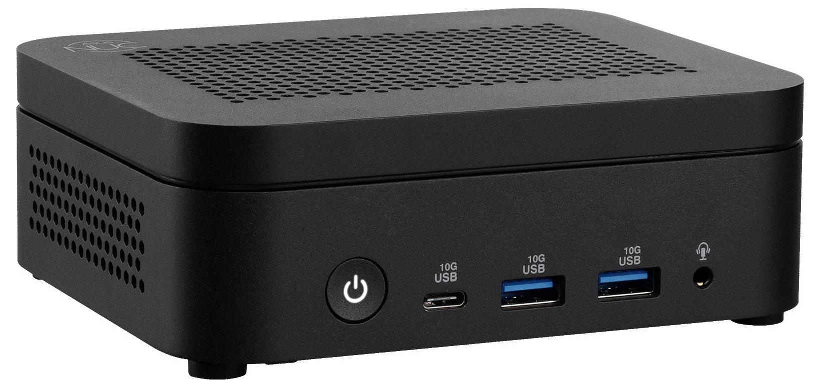 Černý kompaktní desktopový počítač s tlačítkem napájení, jedním portem USB-C 10G, dvěma porty USB 10G a jackem na sluchátka na přední straně.