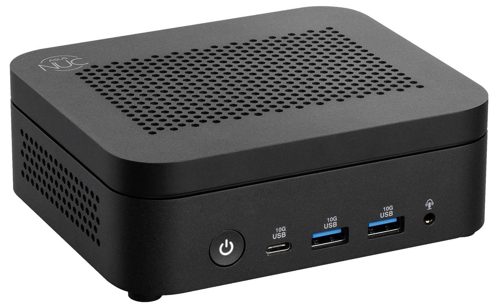Kompaktní černý mini počítač s větranou horní částí, tlačítkem napájení, porty USB-C a USB-A a sluchátkovým jackem na přední panelu.
