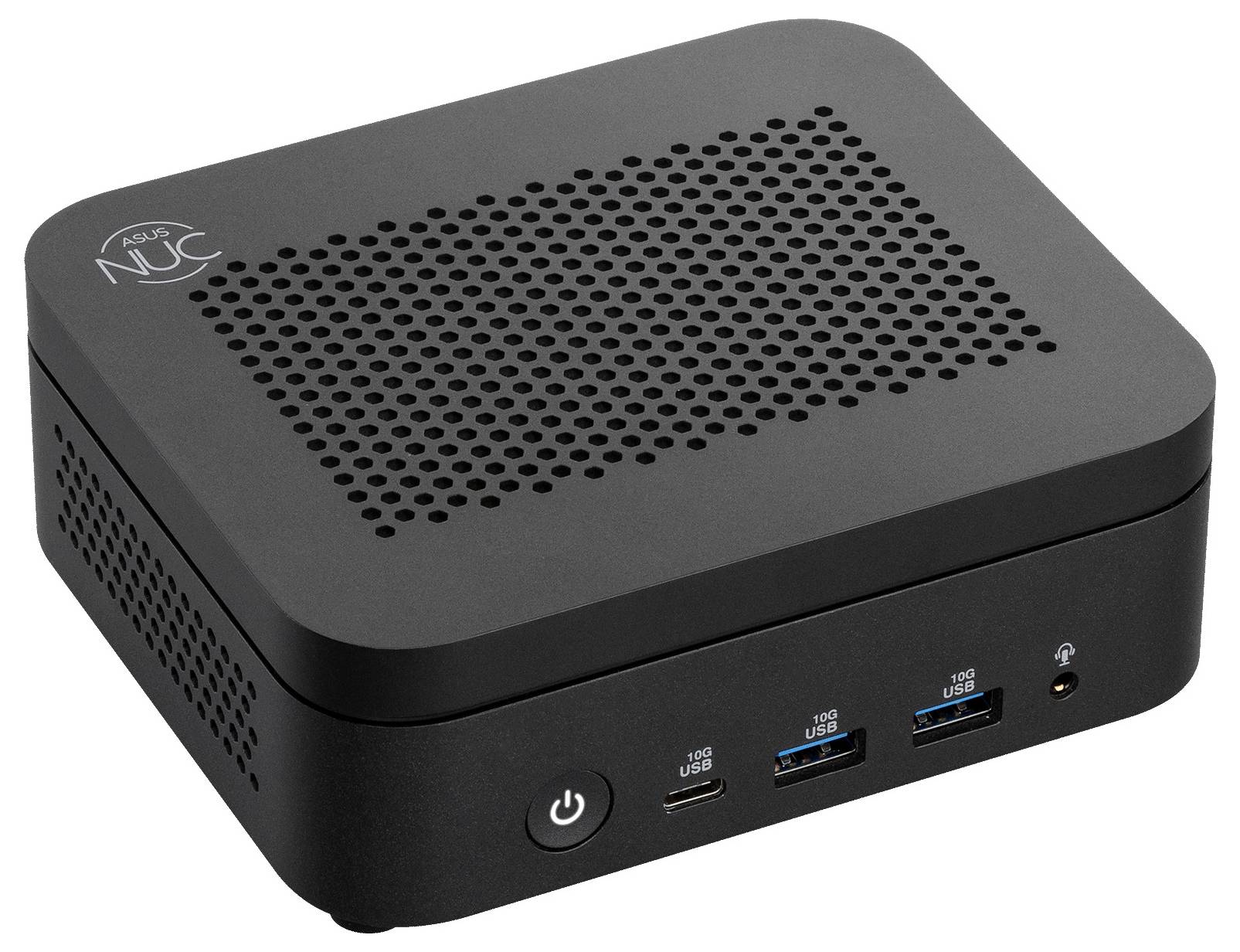 Kompaktní černý Intel NUC mini PC s perforovaným vrchem, tlačítkem napájení a porty USB-C a USB na přední panelu.