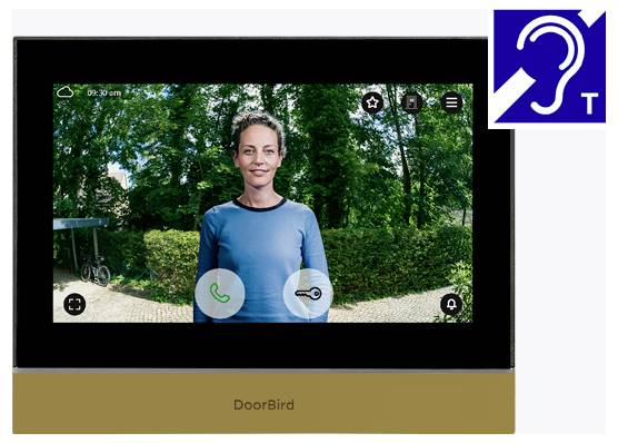 Obrazovka videozvonek DoorBird zobrazující ženu venku s ikonou hluchého asistenta signalizující dostupnou audio podporu pro osoby se sluchovou vadou.