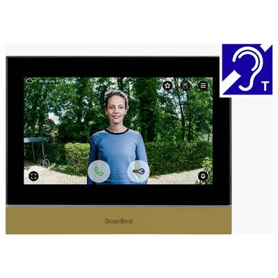 Obrazovka videozvonek DoorBird zobrazující ženu venku s ikonou hluchého asistenta signalizující dostupnou audio podporu pro osoby se sluchovou vadou.