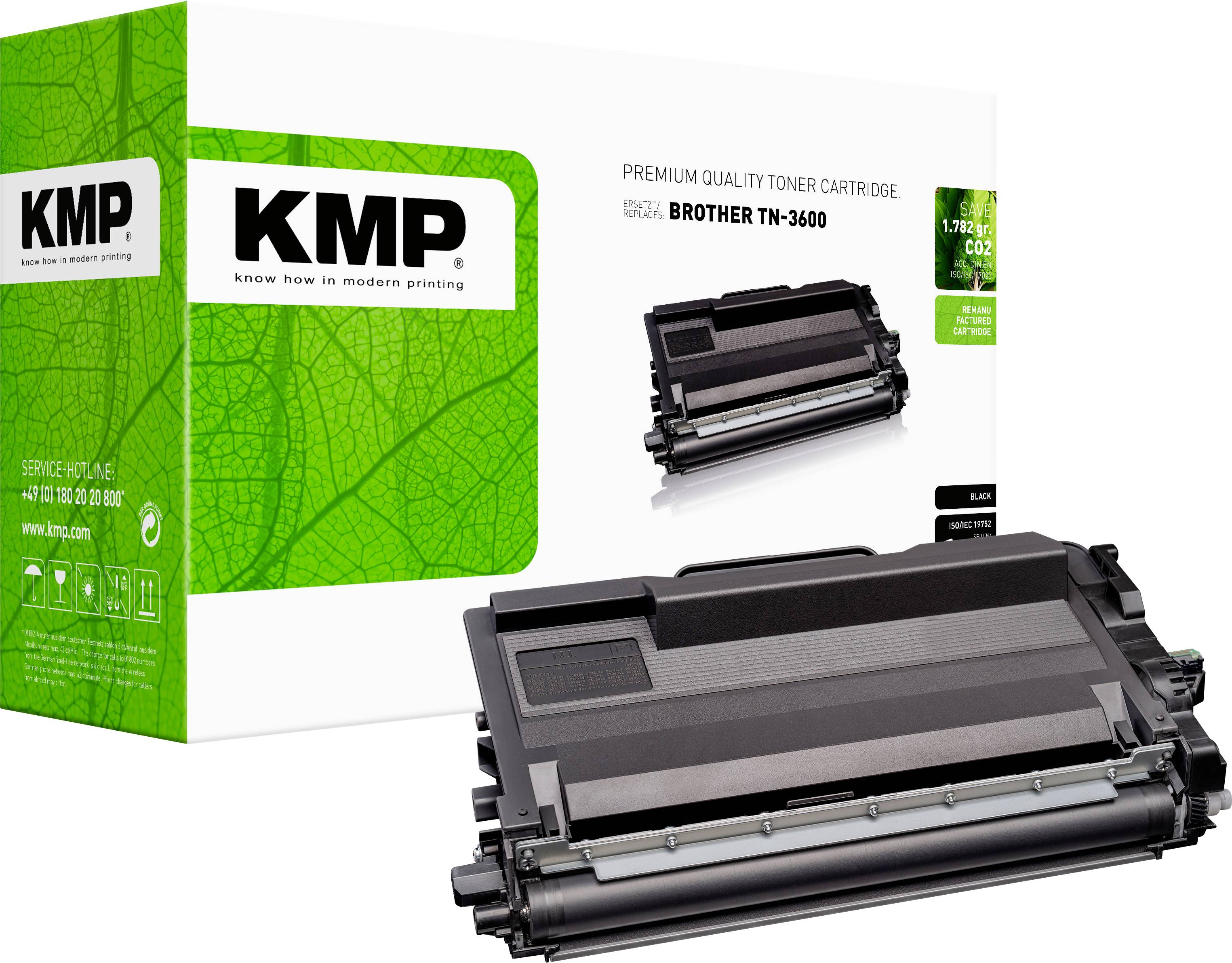 Prémiový toner KMP pro tiskárnu Brother TN-3600, zobrazený s krabicí produktu a kaztuou na bílém pozadí.
