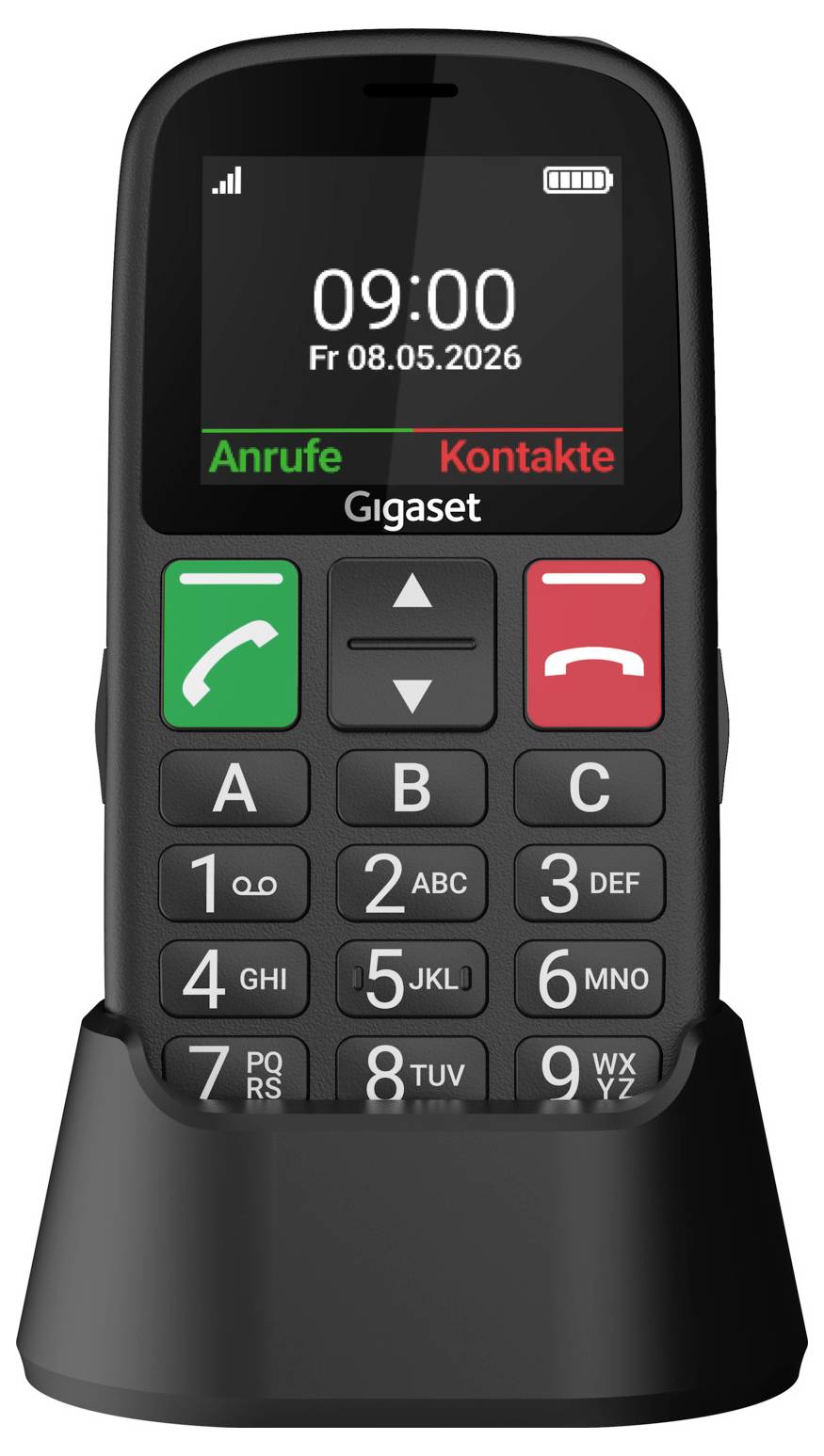 Mobilní telefon Gigaset pro seniory na nabíjecím stojanu, displej ukazuje 09:00 a na obrazovce jsou viditelné německé popisky 'Anrufe' a 'Kontakte'.