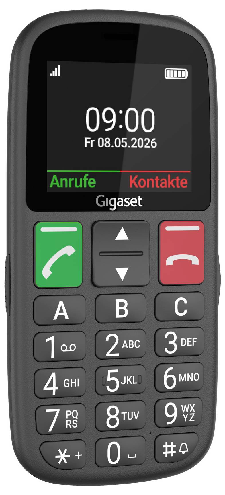 Domovská obrazovka mobilního telefonu Gigaset zobrazující čas 09:00 v pátek 08.05.2026, s popisky nabídky „Anrufe" a „Kontakte" nad klávesnicí.
