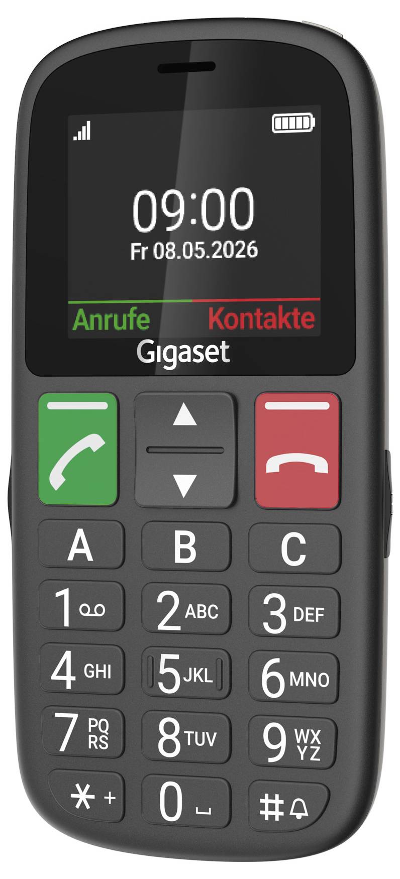 Černý mobilní telefon Gigaset se zobrazením 09:00 na displeji v pátek 08.05.2026, se soft klávesami "Anrufe" a "Kontakte" a velkými tlačítky pro přijetí/ukončení hovoru.