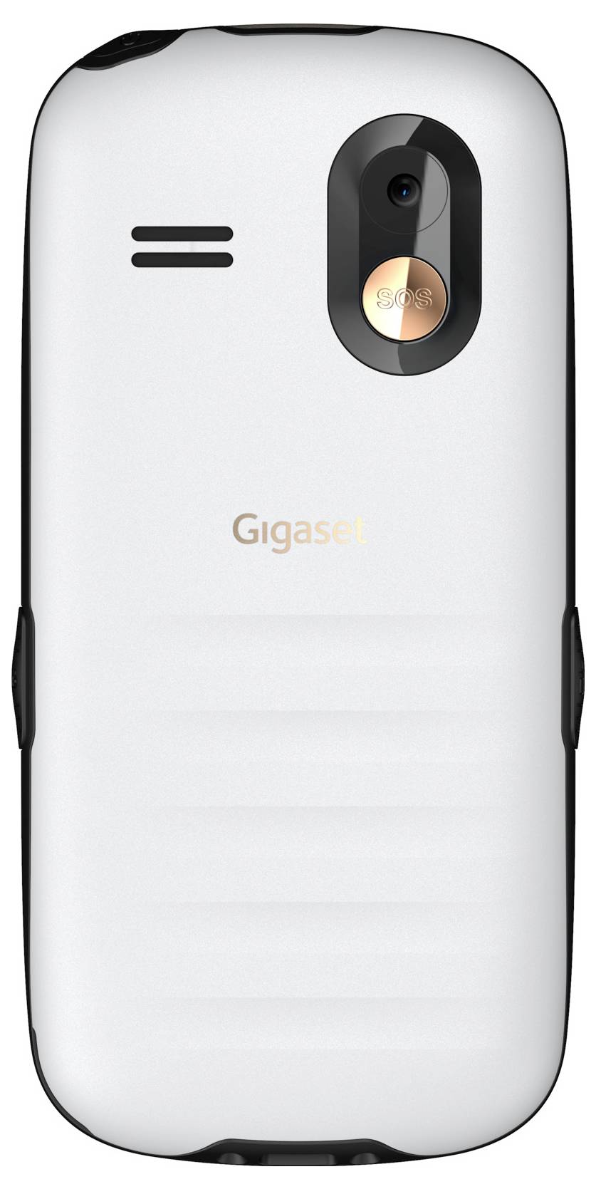 Zadní pohled bílého mobilního telefonu Gigaset s fotoaparátem, bleskem, mřížkou reproduktoru a logem značky.