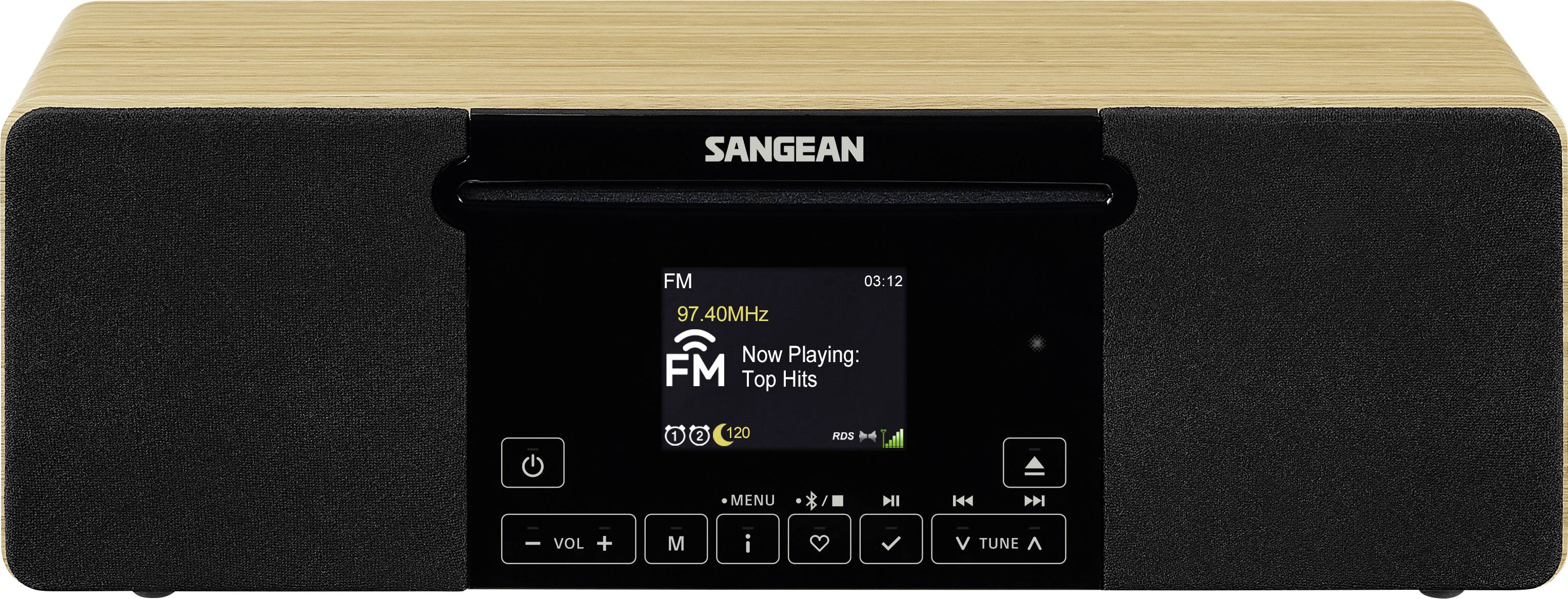 Přední pohled na černém stolním radiu Sangean s dřevěným vrcholem, který zobrazuje FM obrazovku s textem "Nyní se přehrává: Top Hits" a ovládacími tlačítky níže.