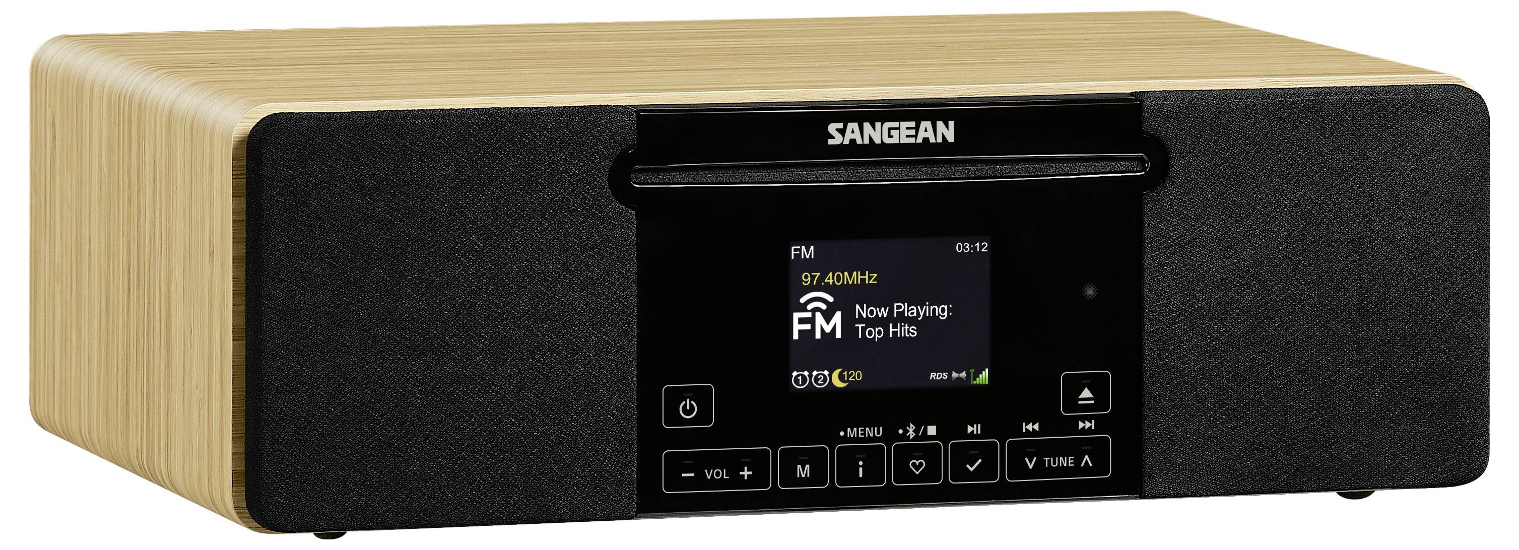 Stolní rádio ze dřeva s černým předním panelem a digitálním displejem zobrazujícím FM 97,40 MHz, 'Nyní hraje' a informace o skladbě.