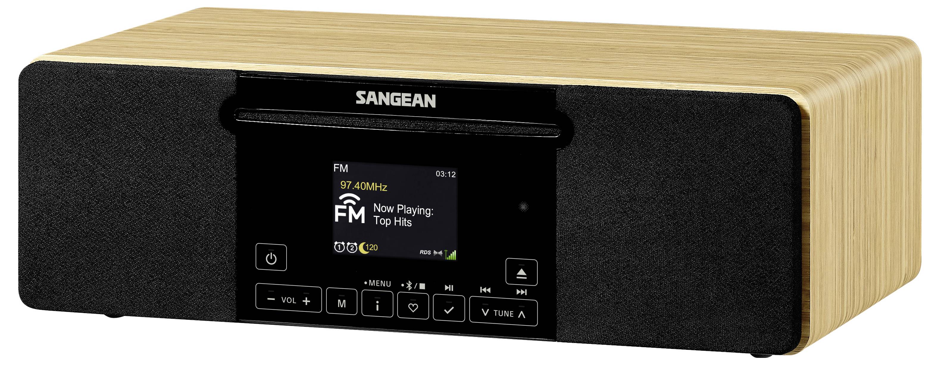 Dřevěné přenosné rádio Sangean se černým předním panelem, centrálním displejem zobrazujícím "Nyní se přehrává" a ovládacími prvky pro hlasitost, menu a ladění.
