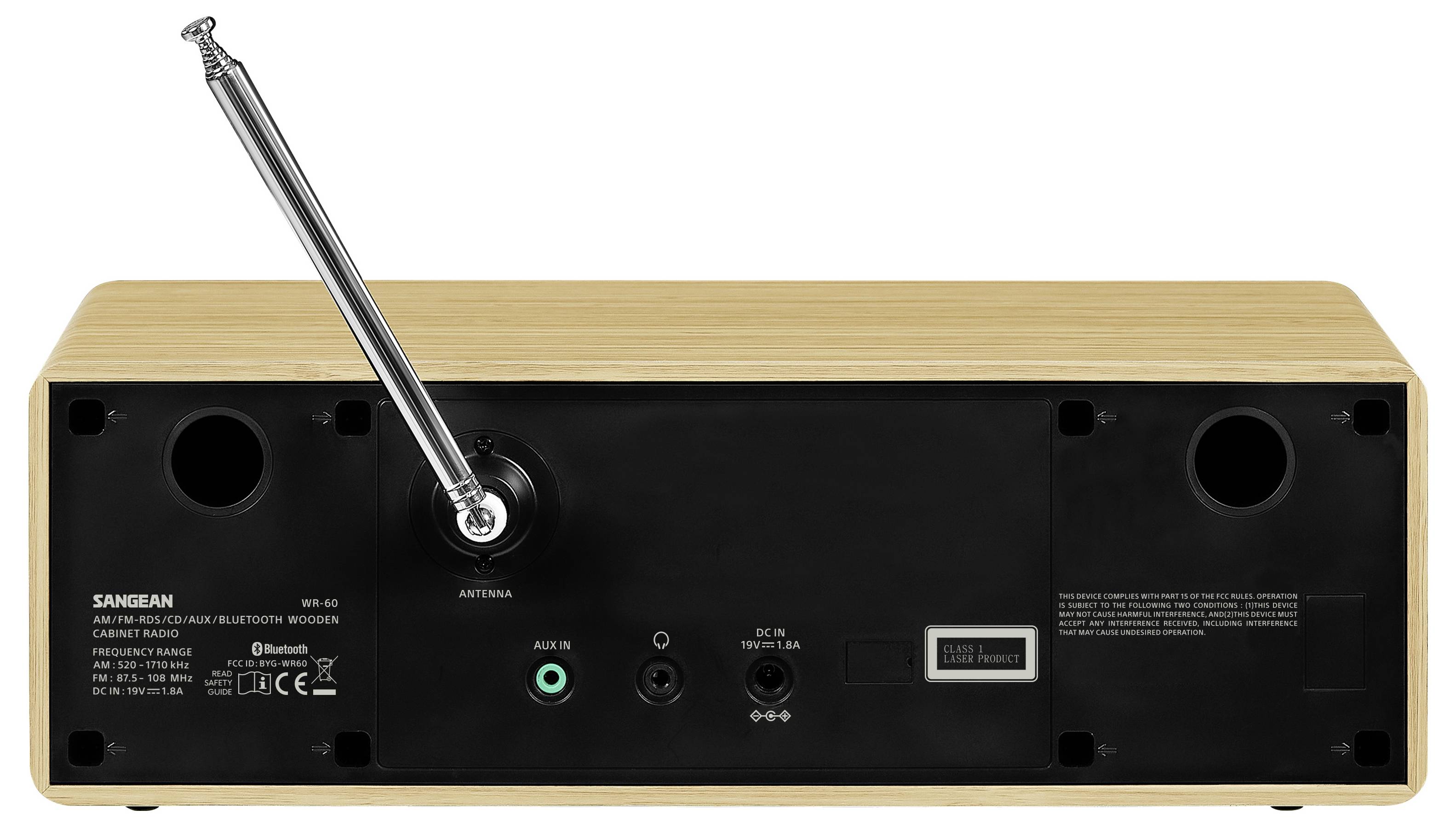 Zadní pohled na dřevěné stolní rádio Sangean s teleskopickou anténou, napájecím vstupem, AUX IN a dalšími konektory.