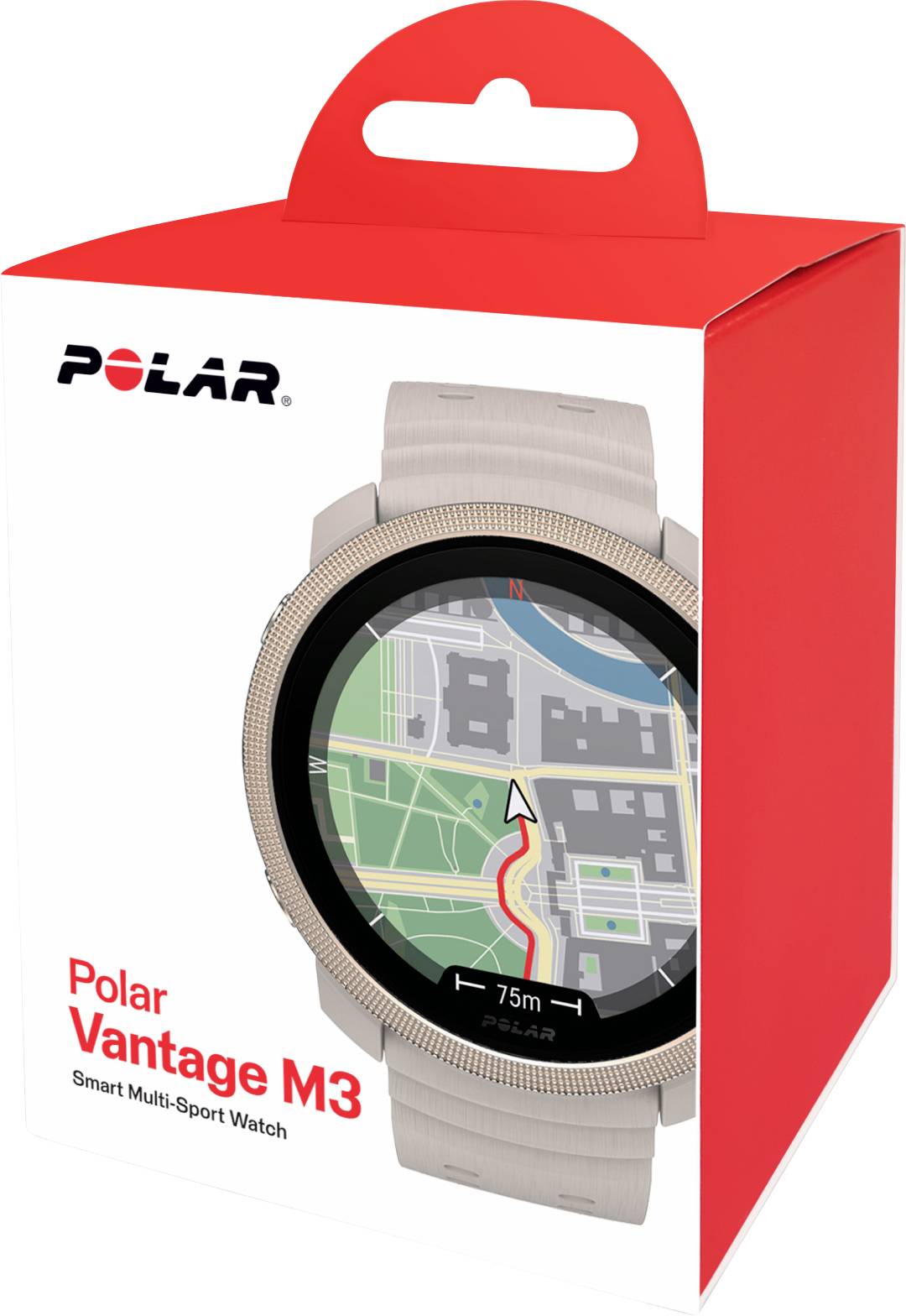 Krabice chytré hodinky Polar Vantage M3 zobrazující kulaté hodinky s displejem navigace mapy a brandingem 'Polar'.