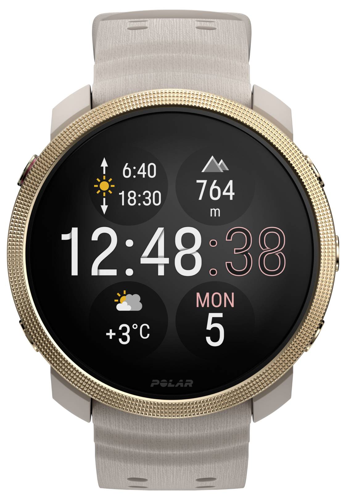 Chytré hodinky zobrazující čas 12:48:38, pondělí 5, počasí 3°C, východ slunce 6:40, západ slunce 18:30 a nadmořská výška 764 m na kulatém ciferníku.