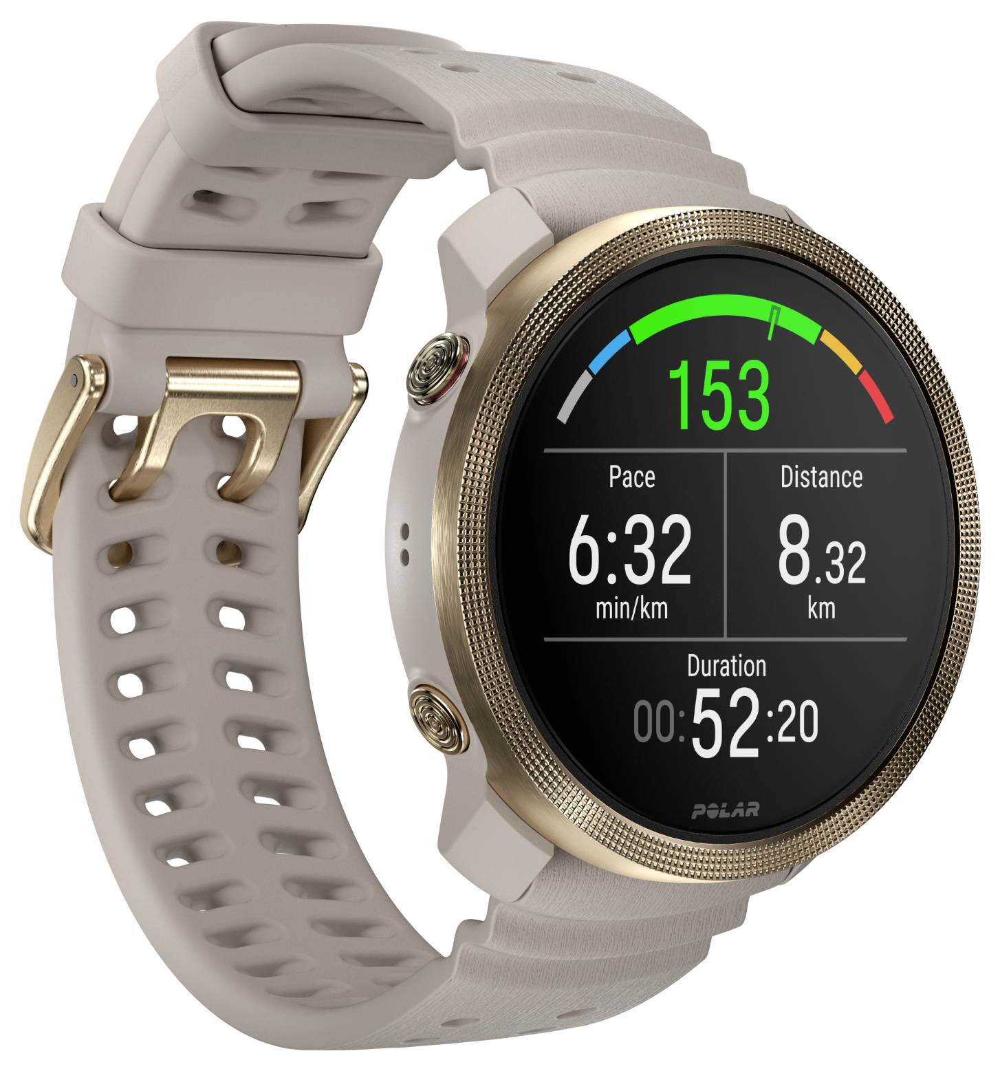 Kulaté sportovní GPS hodinky s béžovým páskem zobrazující statistiku tréninku: tepová frekvence 153, tempo 6:32 min/km, vzdálenost 8,32 km, trvání 00:52:20.