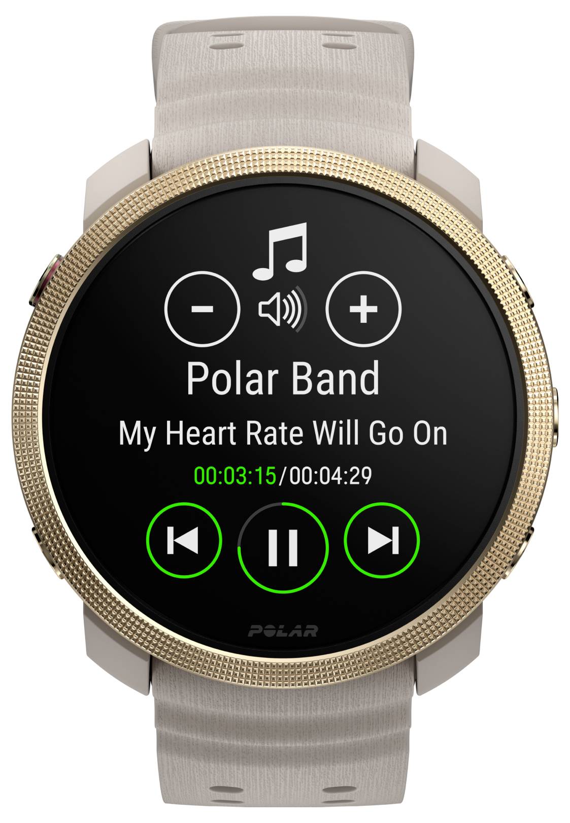 Chytré hodinky zobrazující ovládací prvky přehrávání hudby pro "Polar Band" a píseň "My Heart Rate Will Go On" s tlačítky hlasitosti, předchozí, pozastavení a další a ukazatelem postupu 00:03:15/00:04:29.