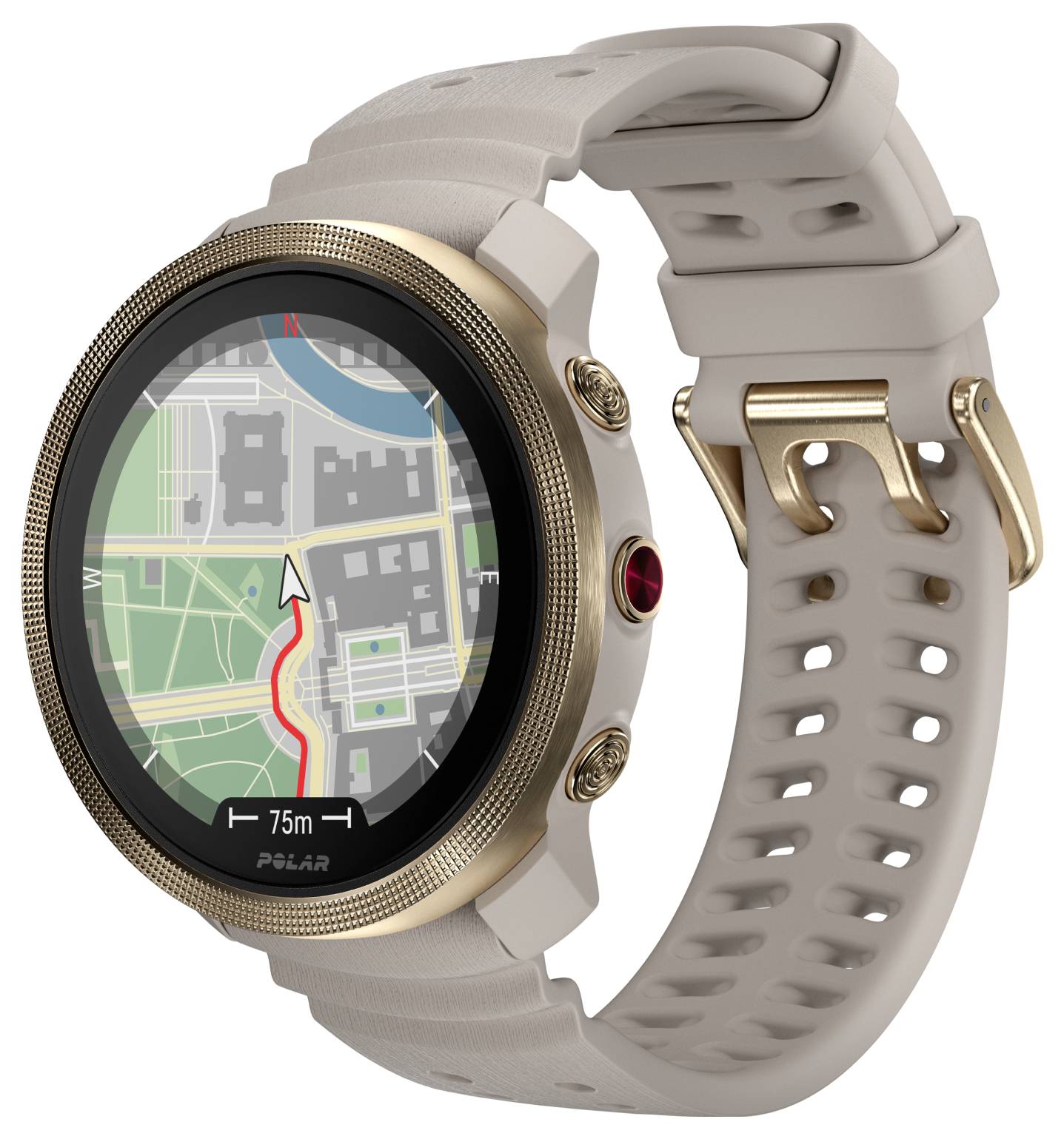 Chytré hodinky s navigací podle GPS mapy zobrazené na kulatém displeji, která ukazuje linii trasy, šipku polohy a měřítko 75 m.