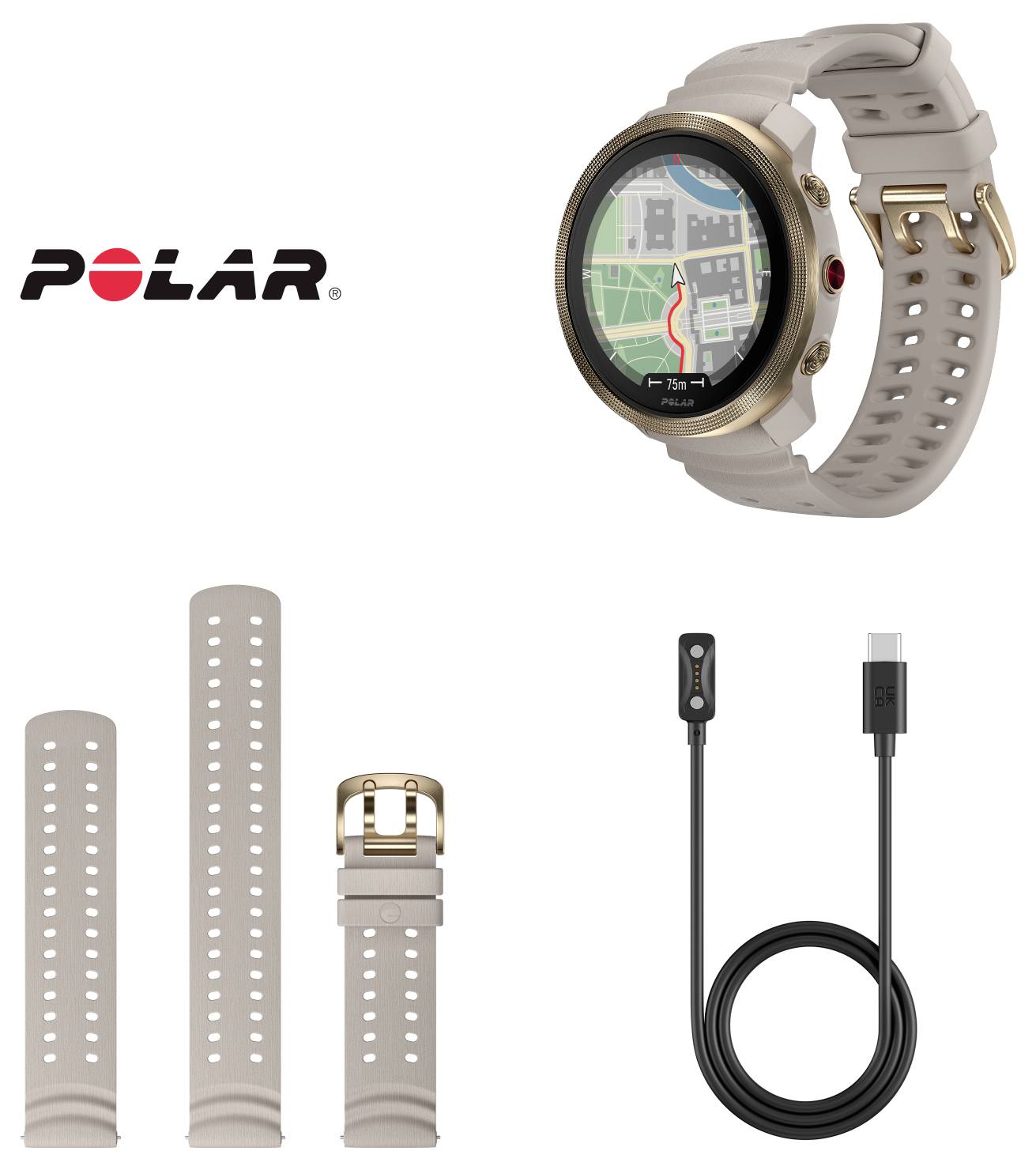 Chytré hodinky Polar s béžovým řemínkem zobrazené s náhradními kousky řemínku a nabíjecím kabelem USB na bílém pozadí.