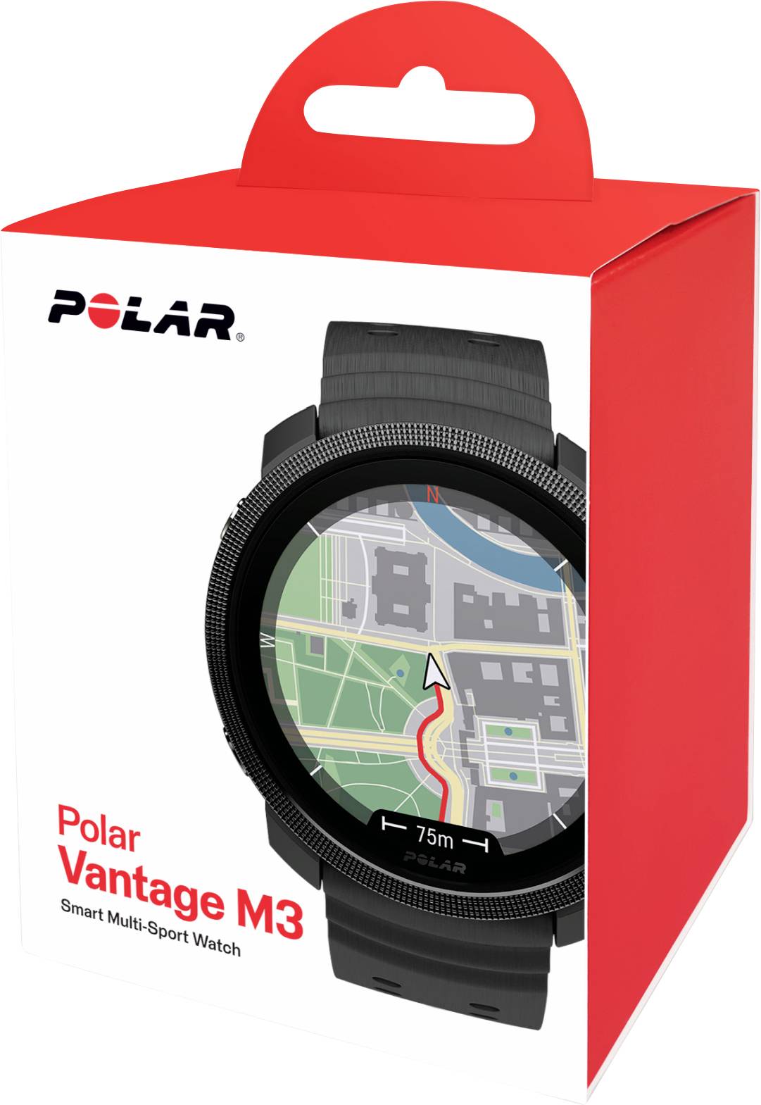 Produktové balení Polar Vantage M3 chytrých multisportovních hodinek se zobrazením ciferníku hodinek s navigací mapy na displeji.