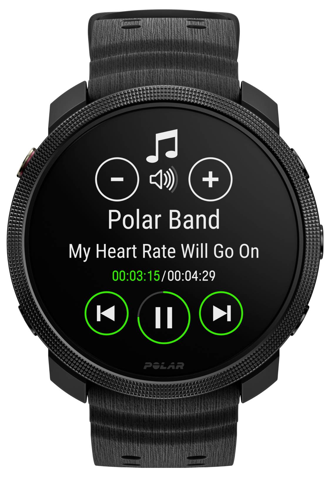 Obrazovka přehrávače hudby smartwatche pro "Polar Band" zobrazující "My Heart Rate Will Go On" s ovládáním hlasitosti, tlačítky přehrávání a uplynulým/celkovým časem 00:03:15/00:04:29.