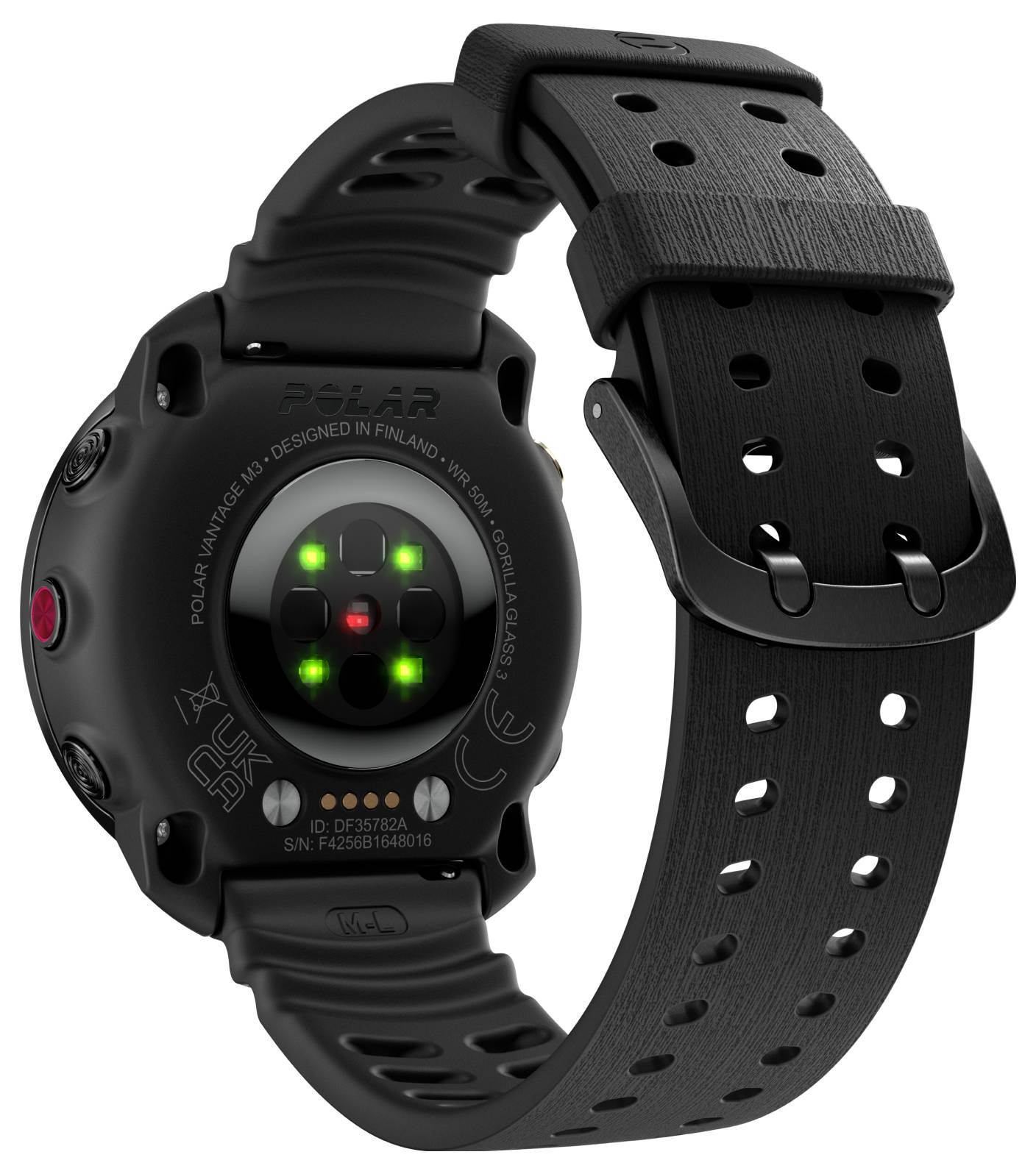 Černé Polar fitness hodinky zobrazené zezadu s lampičkami senzoru srdeční frekvence a děrovaným páskem.