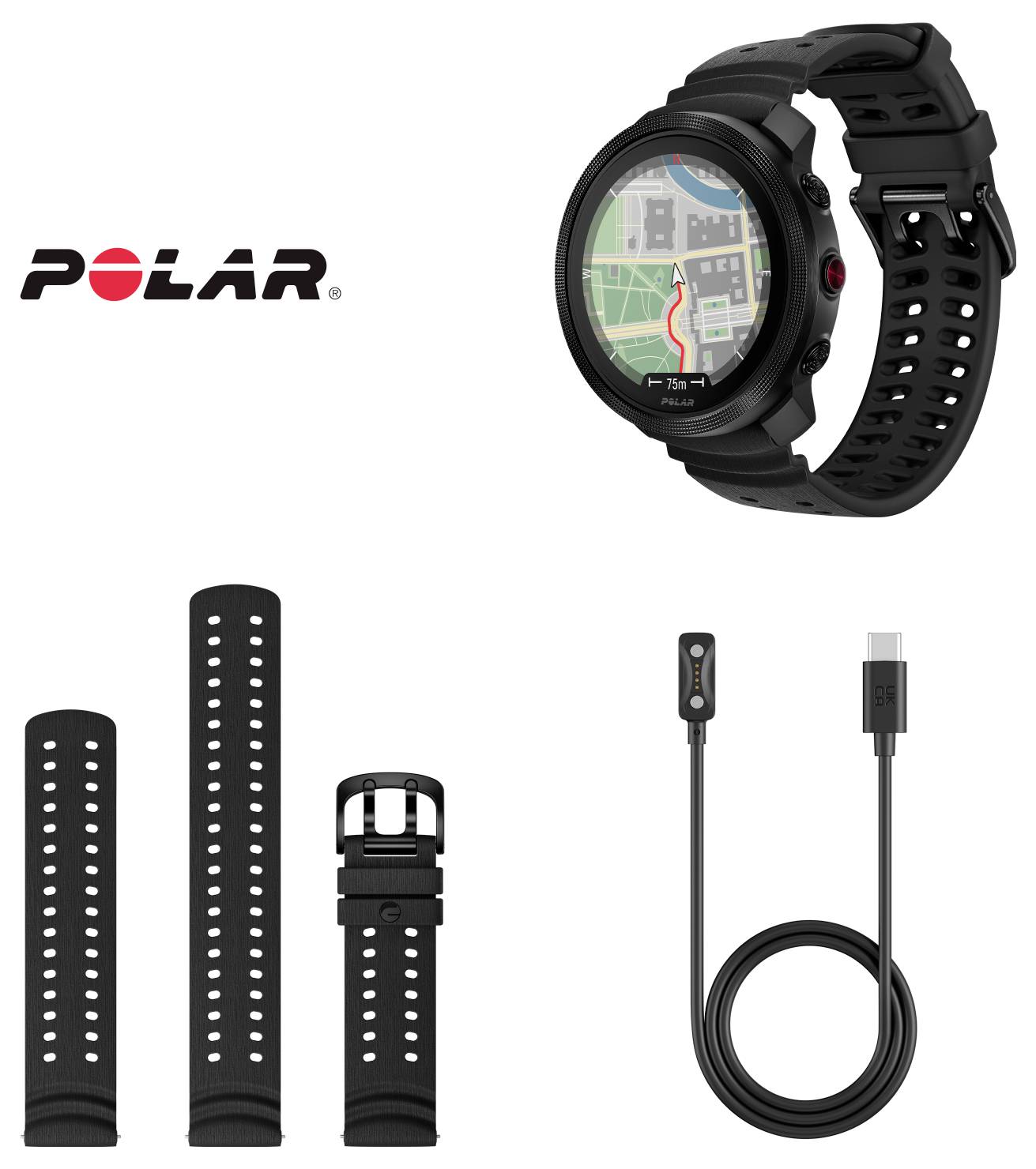 Chytré hodinky Polar zobrazené s navigací na mapě na obrazovce, plus tři možnosti černého pásku a nabíjecí kabel/příslušenství.
