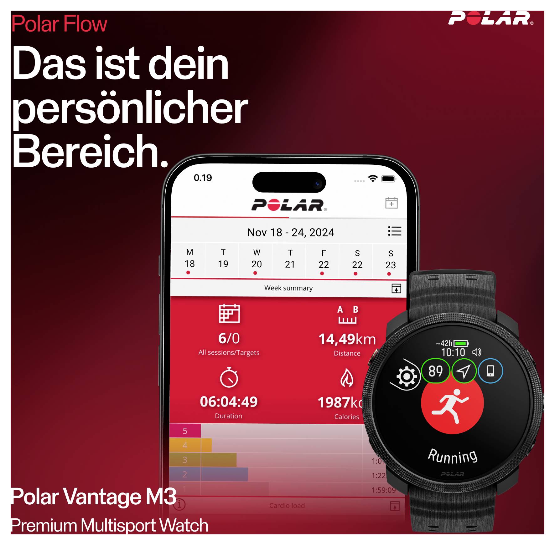 Propagační grafika pro Polar Flow a Polar Vantage M3: aplikace pro smartphone s týdenním přehledem a běžecké hodinky před červeným pozadím, slogan "To je tvůj osobní prostor."