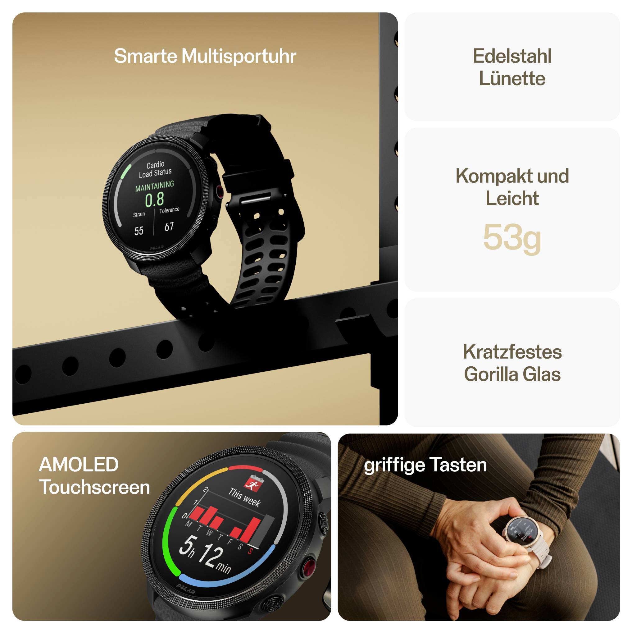 Reklamní obrázek chytrých hodinek s texty: 'Chytrý multifunkční hodinky', 'Nerezová bezela', 'Kompaktní a lehké 53g', 'Odolné krystalické sklo Gorilla Glass', 'AMOLED dotyková obrazovka' a 'ergonomická tlačítka'.