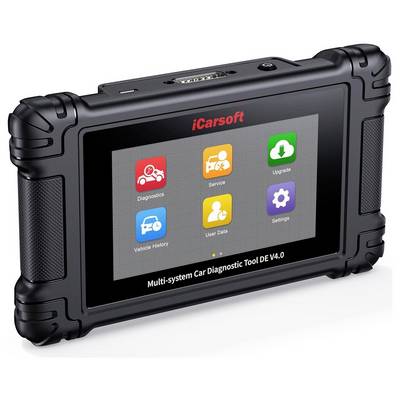 iCarsoft multisystémový diagnostický nástroj automobilů zobrazující dotykový displej s ikonami Diagnostika, Servis, Upgrade, Historie vozidla, Uživatelská data a Nastavení.