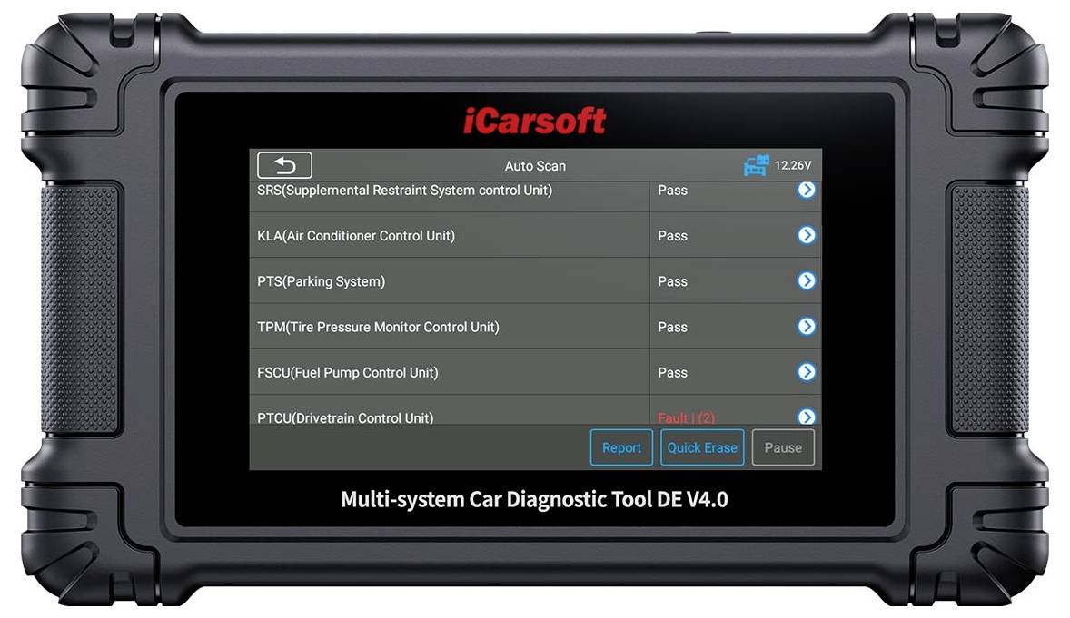 Robustní diagnostický tablet iCarsoft multi-system pro automobily zobrazující seznam výsledků automatického skenování s několika moduly řídící jednotkou vozidla označenými jako Úspěšné a jedním označeným jako Chyba.