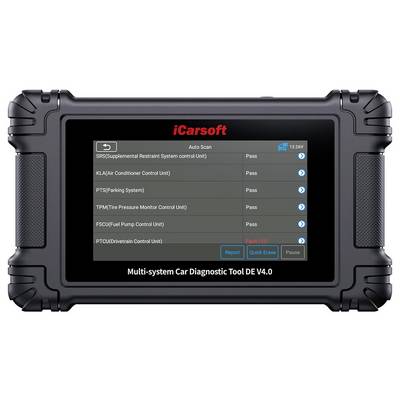 Robustní diagnostický tablet iCarsoft multi-system pro automobily zobrazující seznam výsledků automatického skenování s několika moduly řídící jednotkou vozidla označenými jako Úspěšné a jedním označeným jako Chyba.