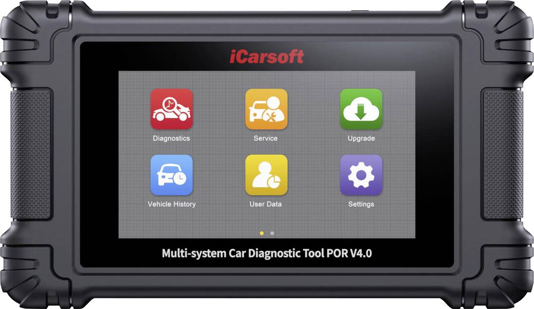 Multisystémový automobilový diagnostický nástroj iCarsoft s dotykovou obrazovkou zobrazující šest ikon aplikací: Diagnostika, Servis, Aktualizace, Historie vozidla, Uživatelská data a Nastavení.
