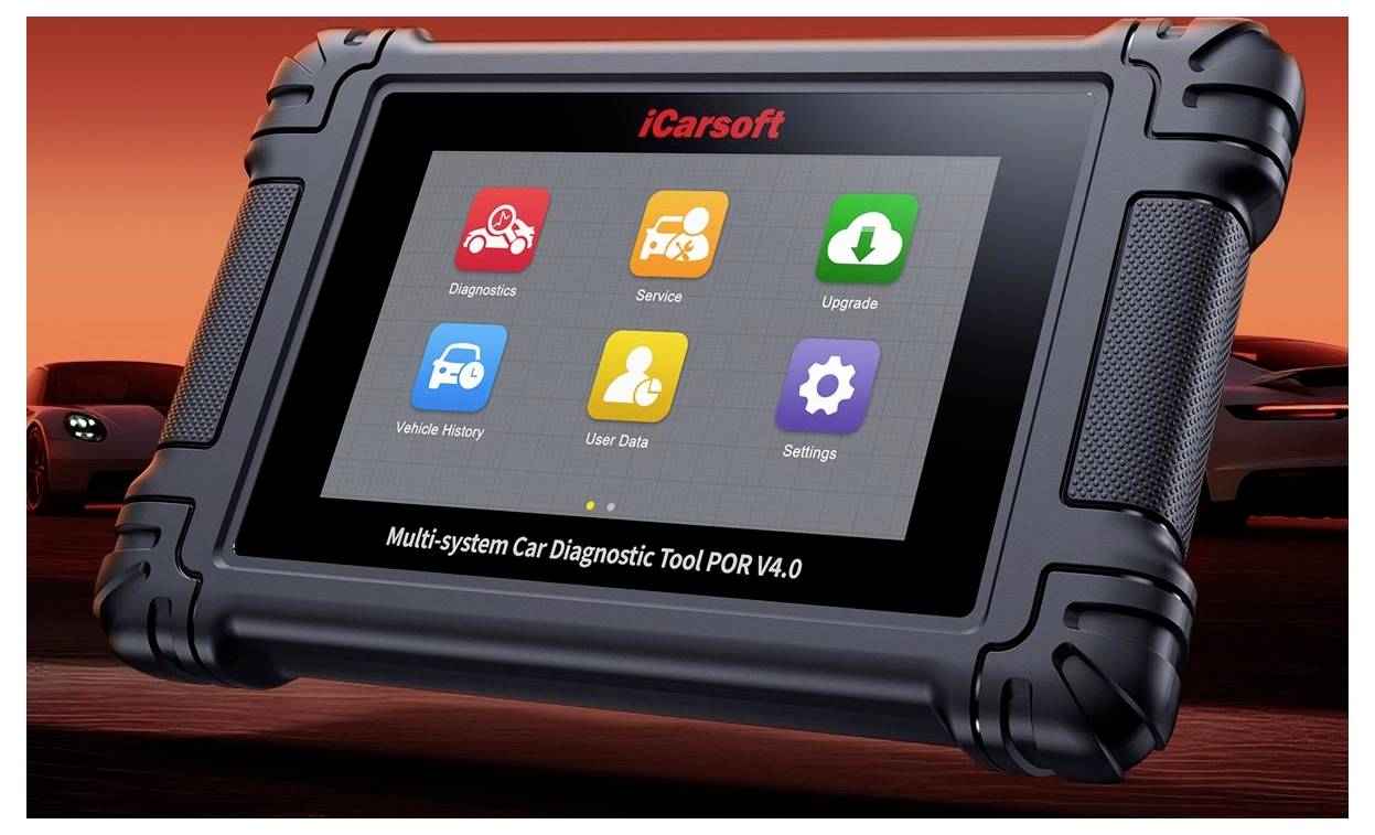 Přenosný diagnostický nástroj iCarsoft pro automobily zobrazující menu s dotykovým displejem s ikonami Diagnostika, Servis, Aktualizace, Historie vozidla, Uživatelská data a Nastavení.