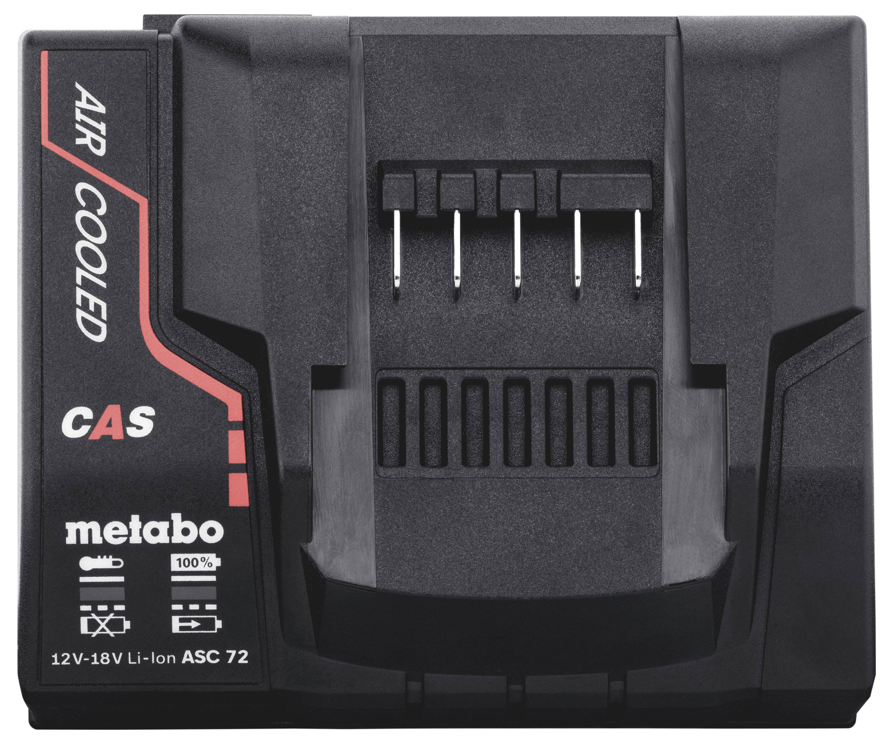 Metabo chladič na vzduch určený pro nabíjení baterií Li-ion 12V-18V se čtyřmi nabíjecími kontakty a indikačními sloty.