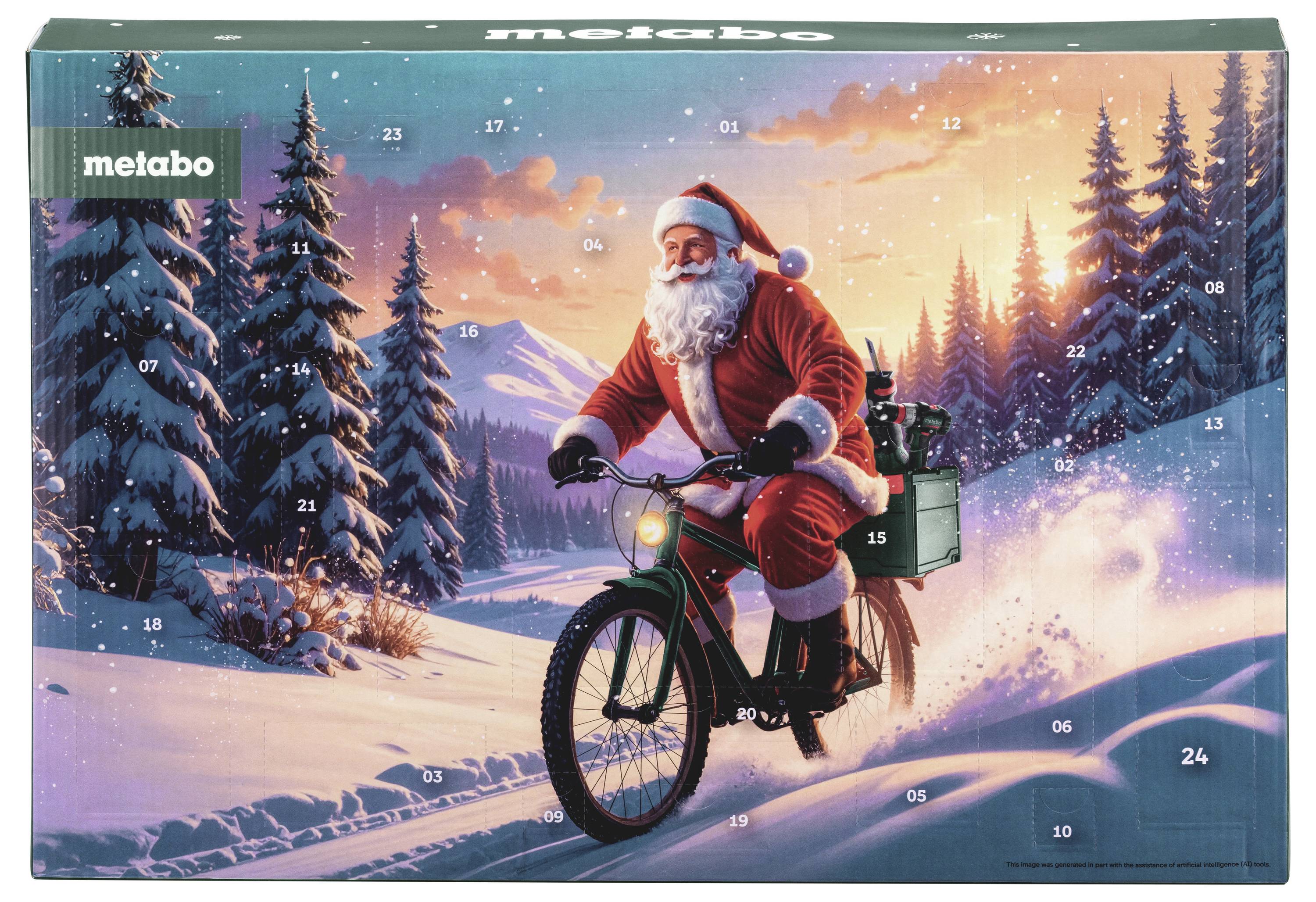 Adventní kalendář se značkou Metabo obsahující Santu na jízdním kole projíždějícího zasneženou horskou krajinou při západu slunce.