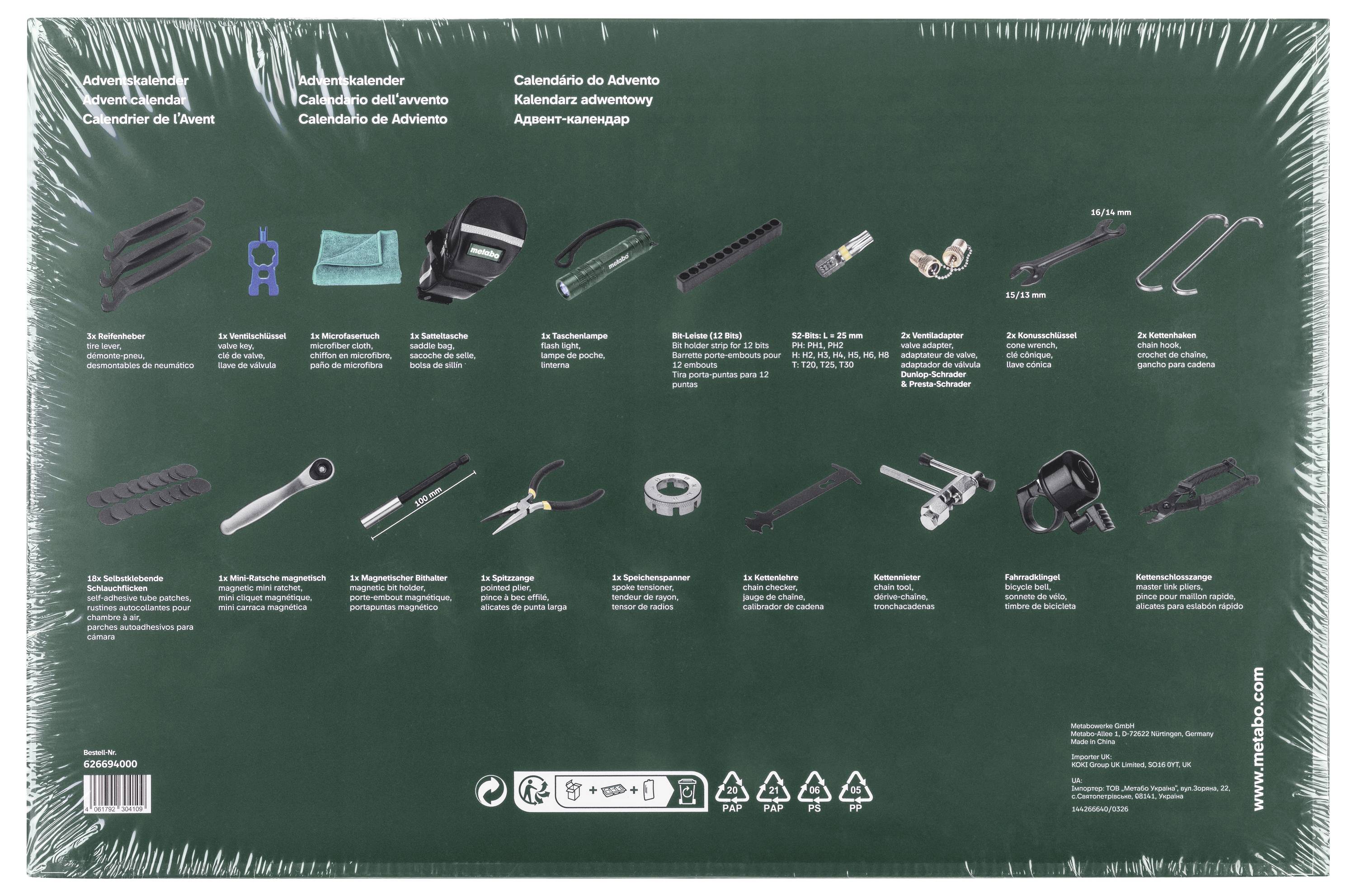 Zadní strana zeleného adventního kalendáře zobrazující vícejazyčný seznam obsahu s malými obrázky rozmanitých nástrojů, příslušenství a součástí uspořádanými v řadách.