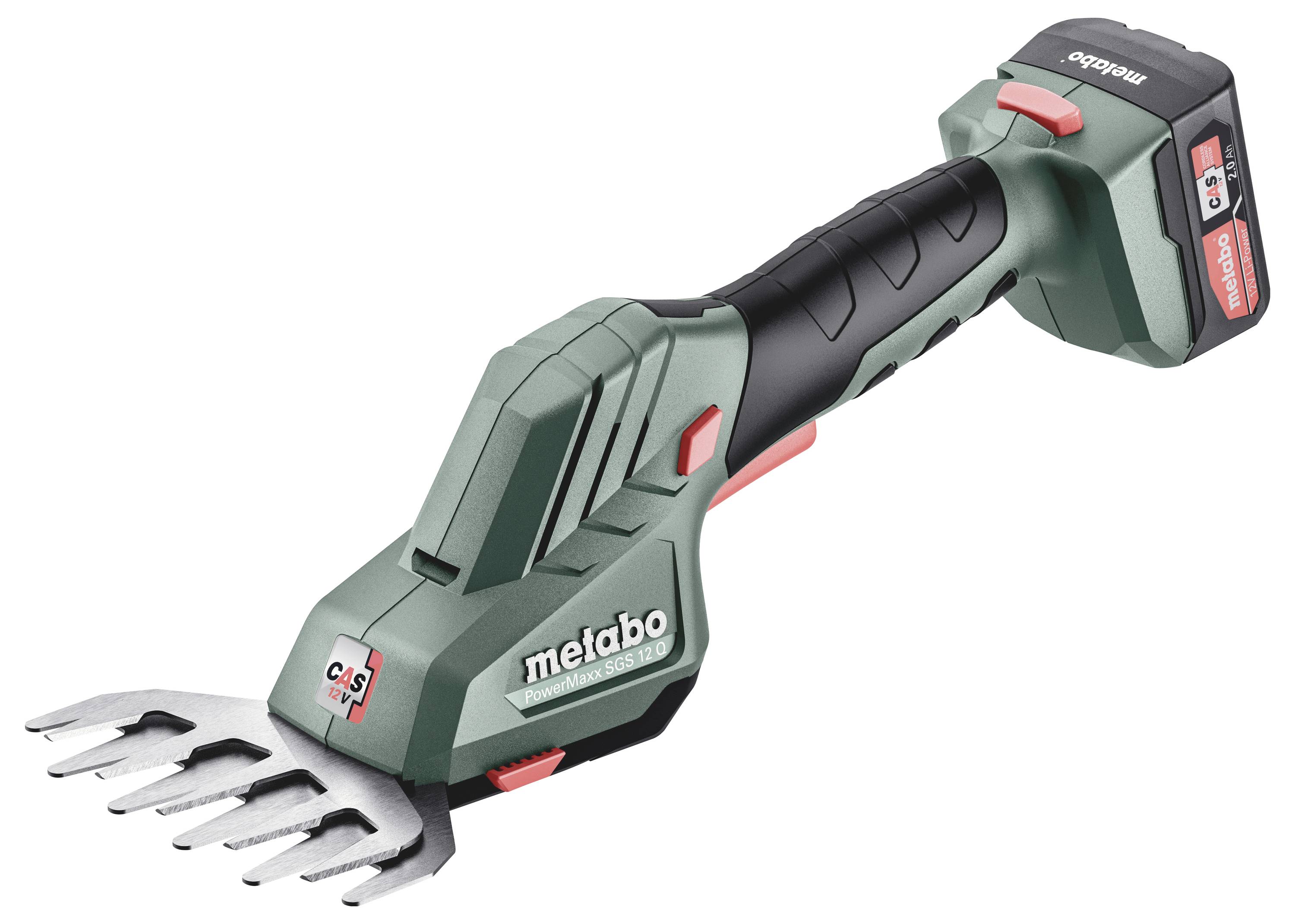 Bezdrátový zahradní nůžky Metabo s baterií, zobrazeny izolovaně na bílém pozadí, s vroubkovanou řezací hlavicí a ergonomickou rukojetí.