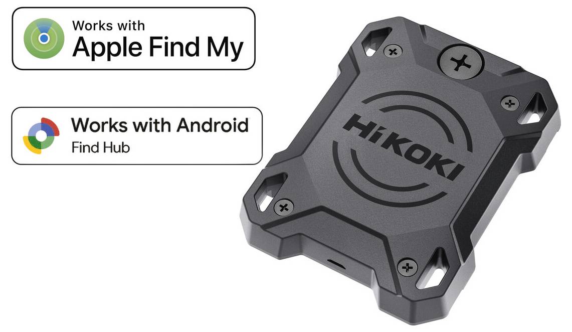 HIKOKI sledovací zařízení zobrazené s odznakami uvádějícími "Funguje s Apple Find My" a "Funguje s Android Find Hub"