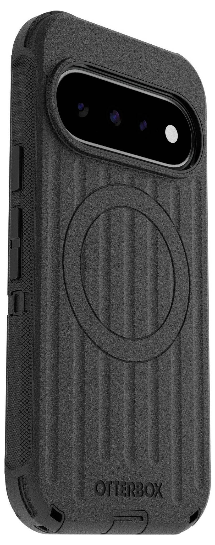 Černý pouzdro OtterBox pro chytrý telefon se strukturovanou zádí, zvýšeným výřezem pro fotoaparát a kruhovou magnetickou kroužkem uprostřed zadní strany.
