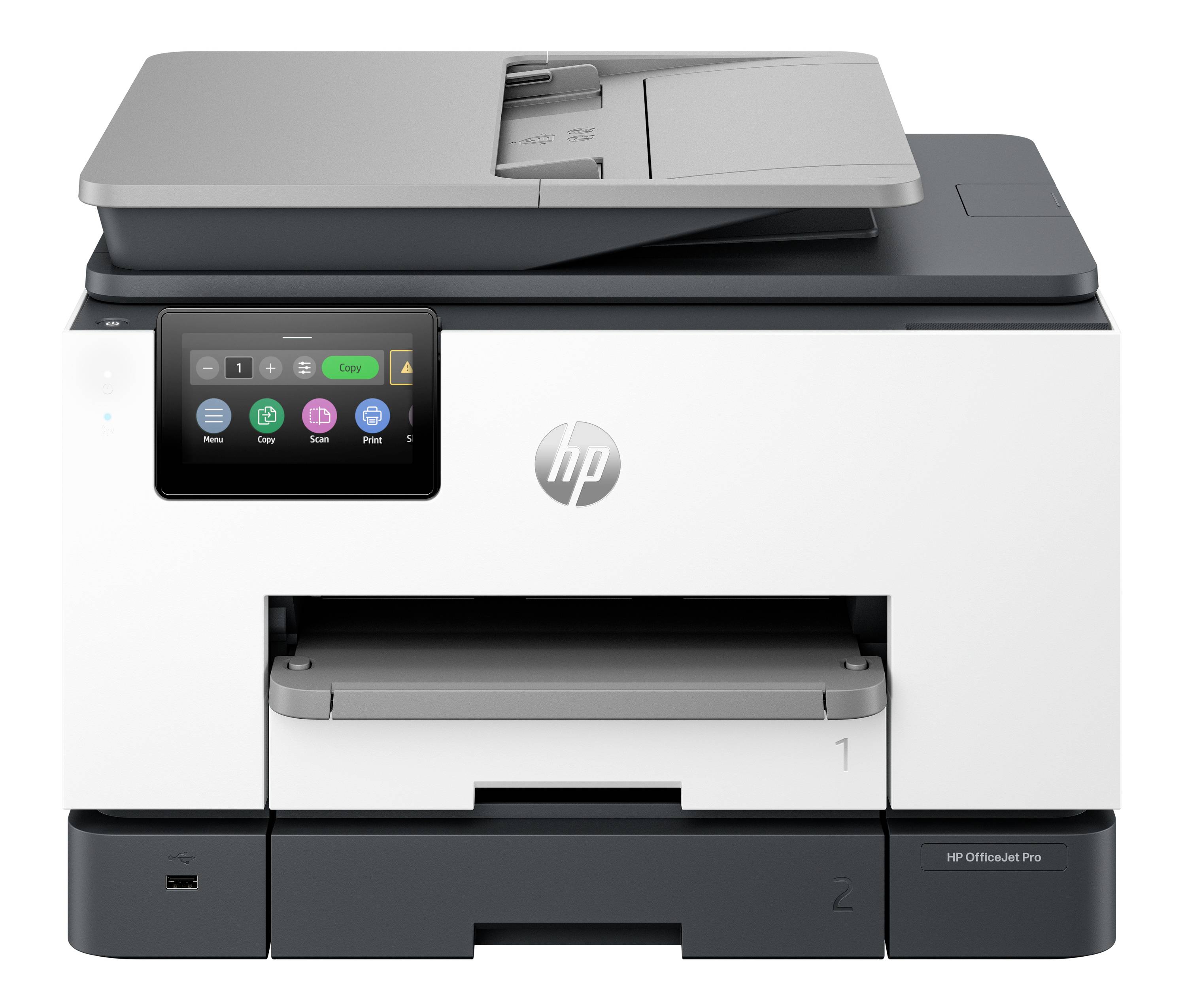 Přední pohled na tiskárnu HP OfficeJet Pro vše-v-jednom s ovládacím panelem s dotykovou obrazovkou, zásobníkem na papír a víkem skeneru.